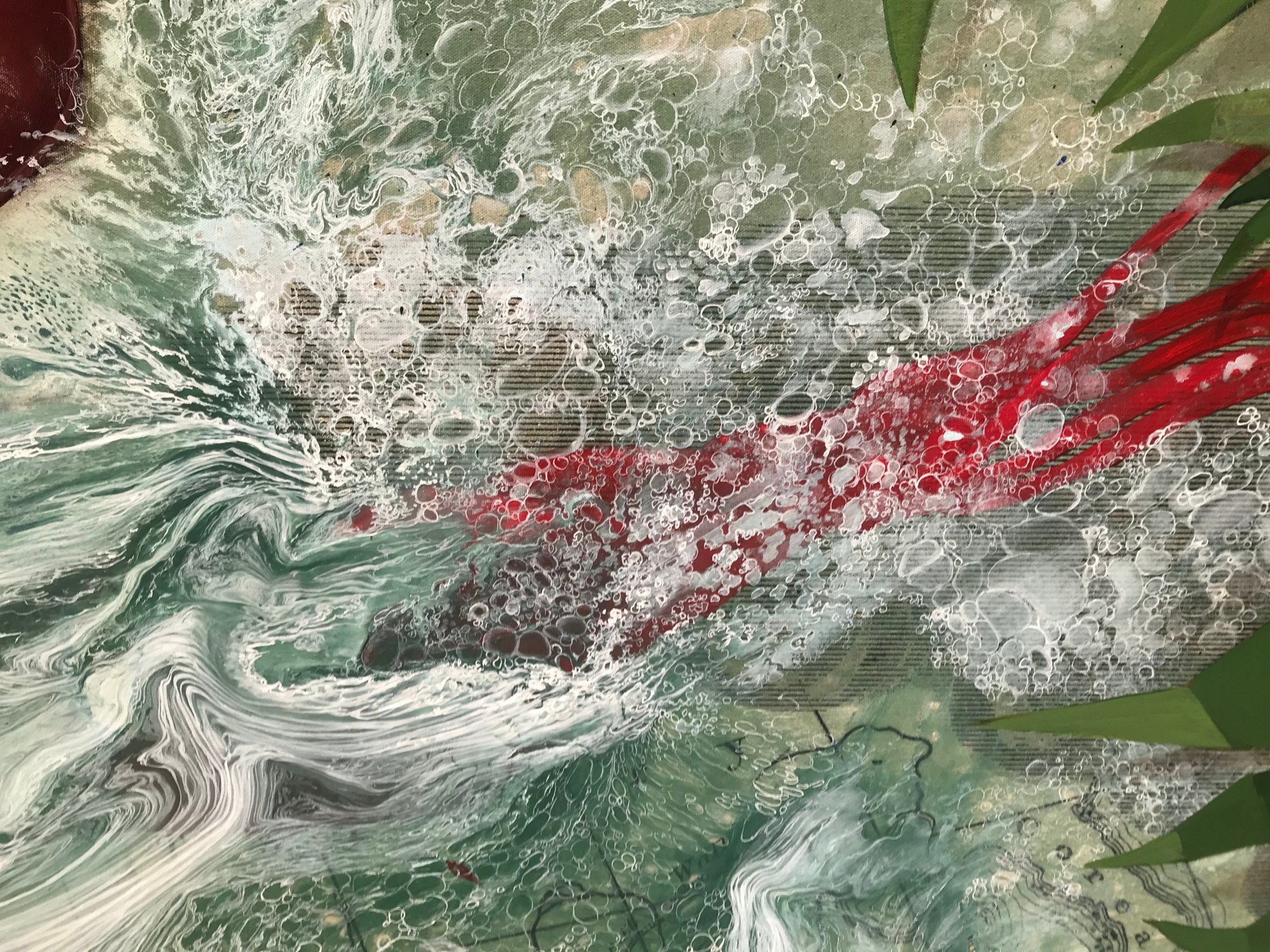 raging waters with a red plant emerging from it