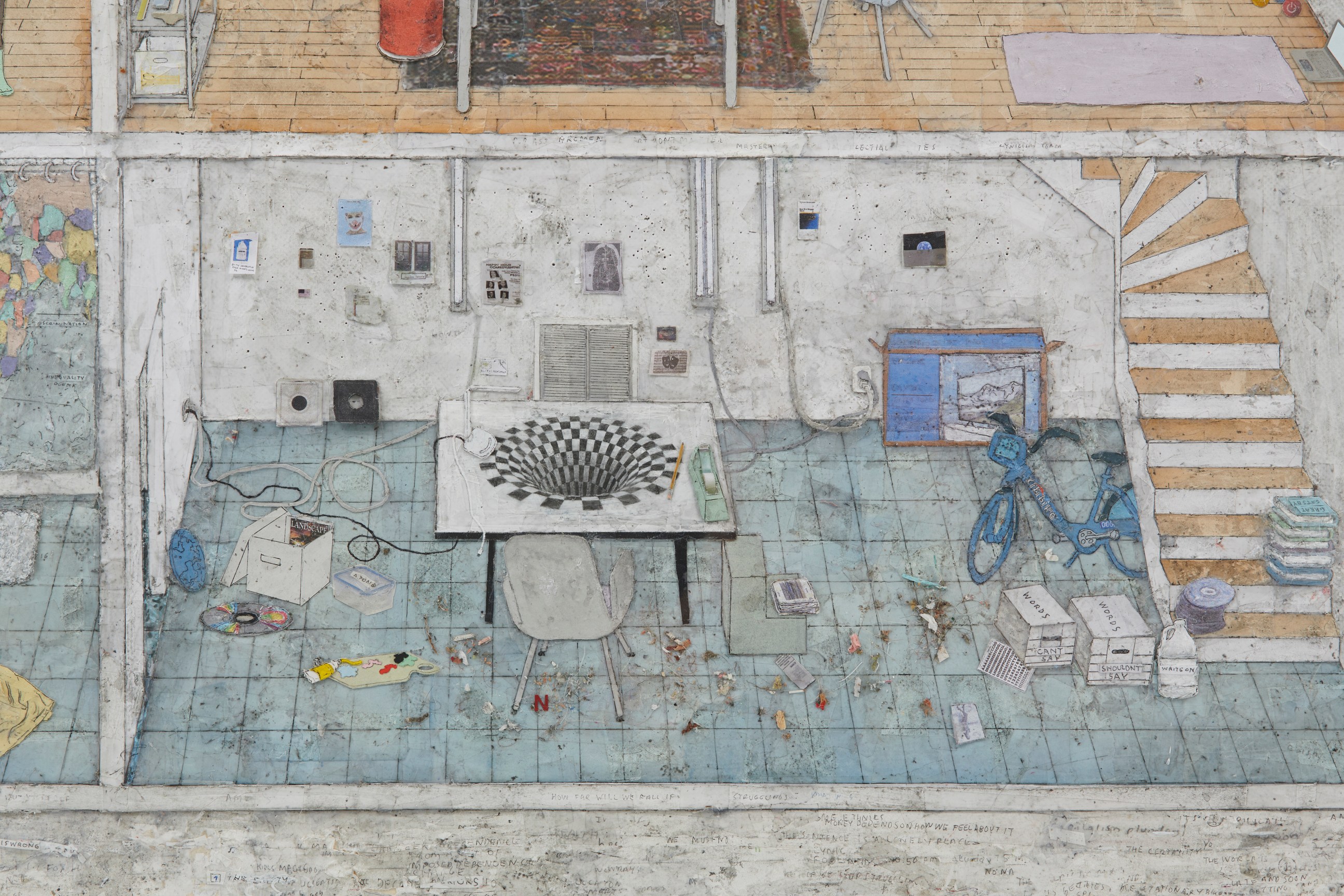 Close-up shot of a mixed media collage of a basement of a dollhouse by SIMON EVANS &trade;.