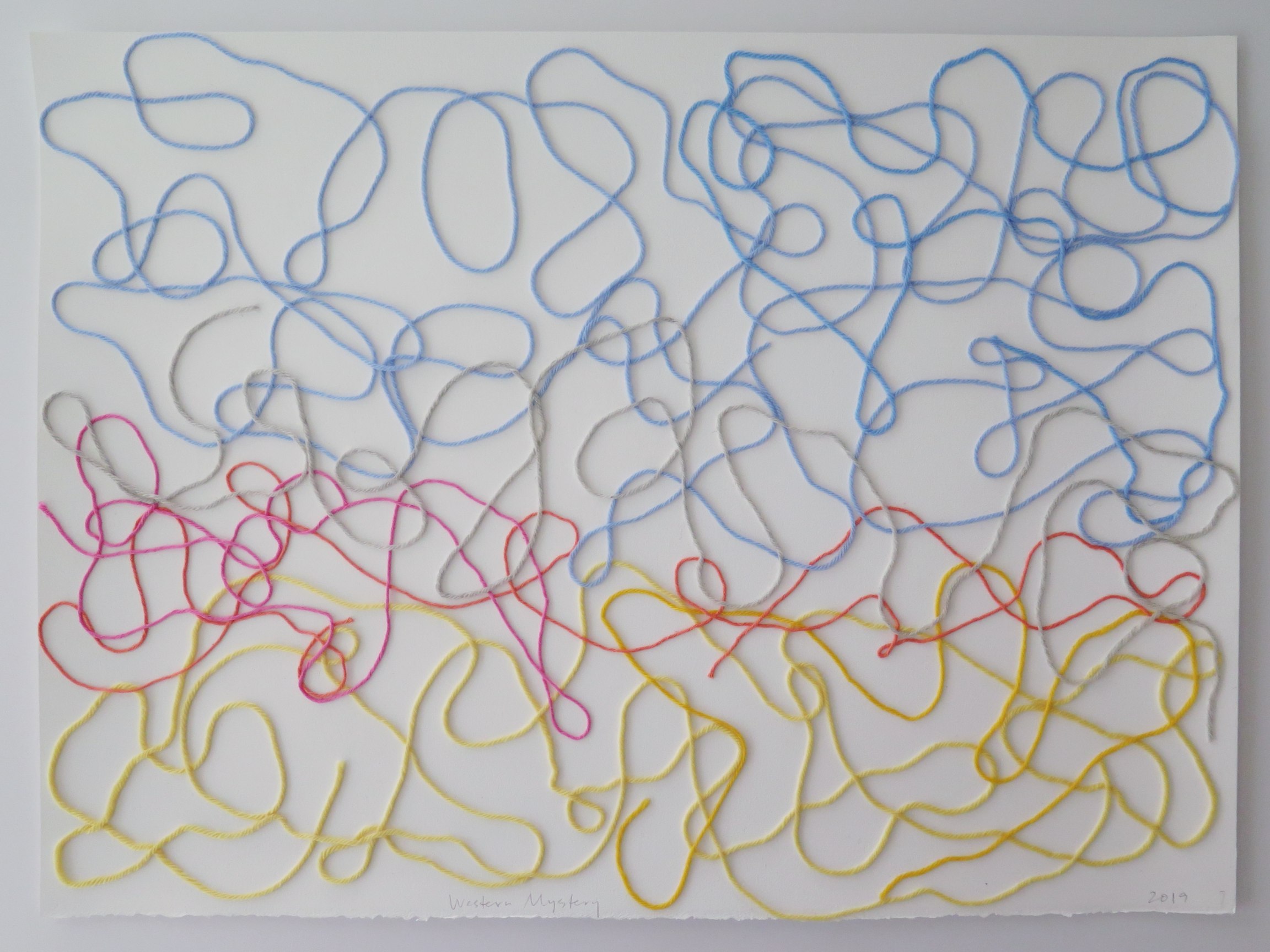 Red, White, Yellow, Blue Yarn Collaged on Paper.