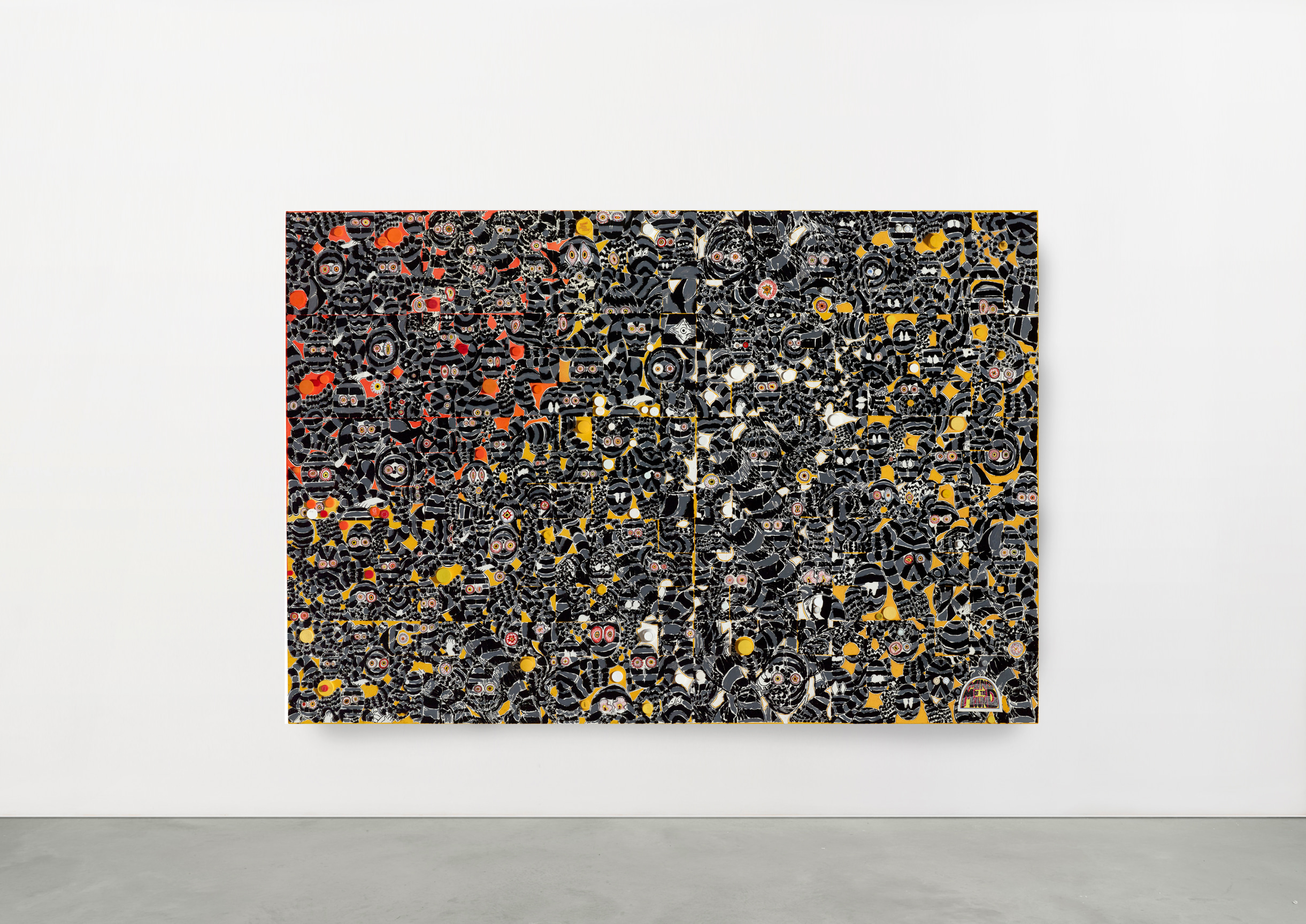 Installation View: Acrylic, graphite, plastic tops, faux fur, paper collage on canvas