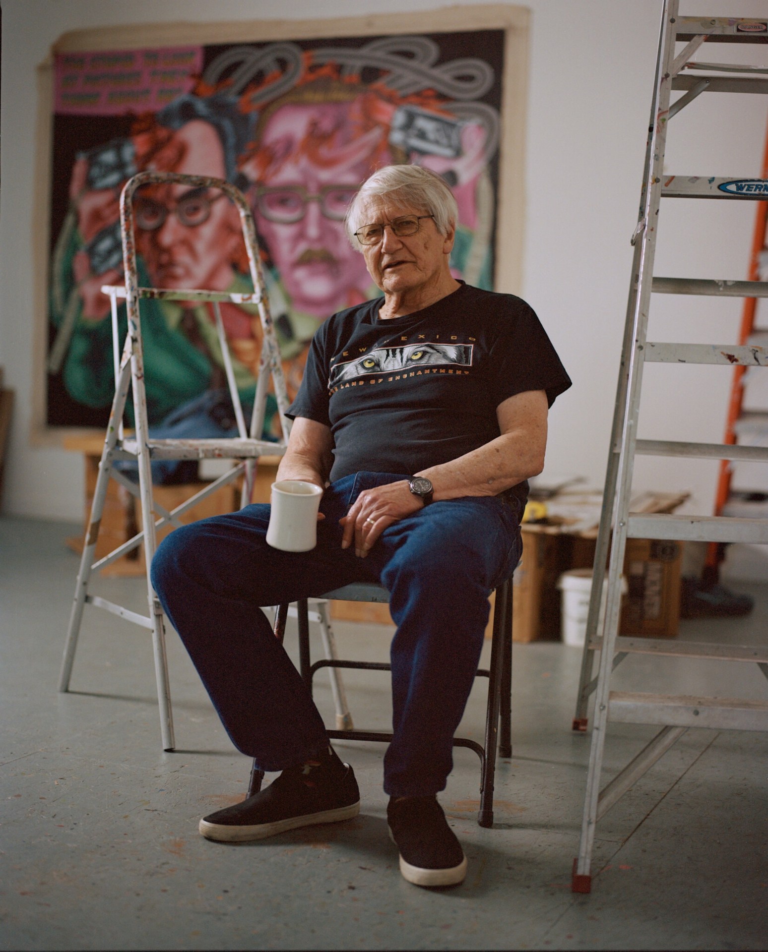 Peter Saul in his Germantown, N.Y studio, 2021, Eric Chakeen