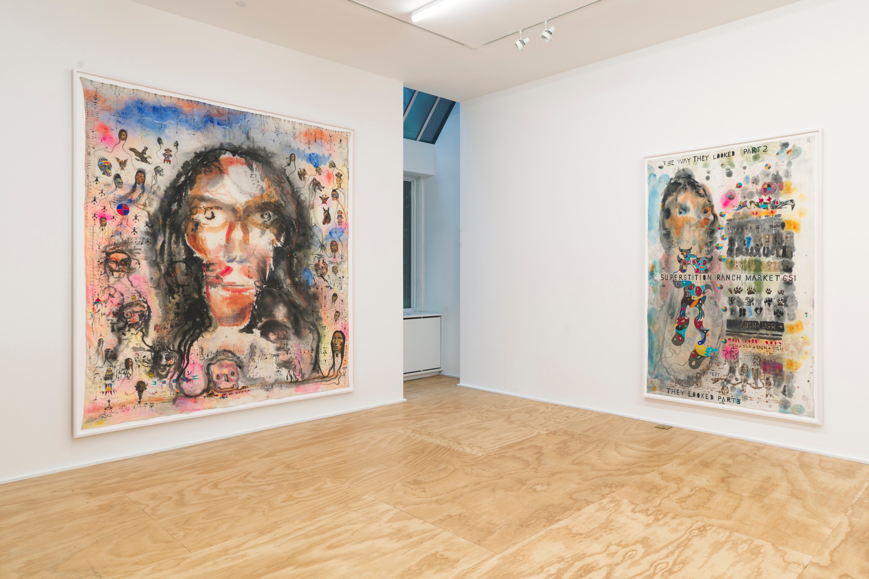 Installation view of Brad Kahlhamer&rsquo;s exhibition &ldquo;Bowery Nation: Birds Are Talking,&rdquo; Venus Over Manhattan, New York, 2025.