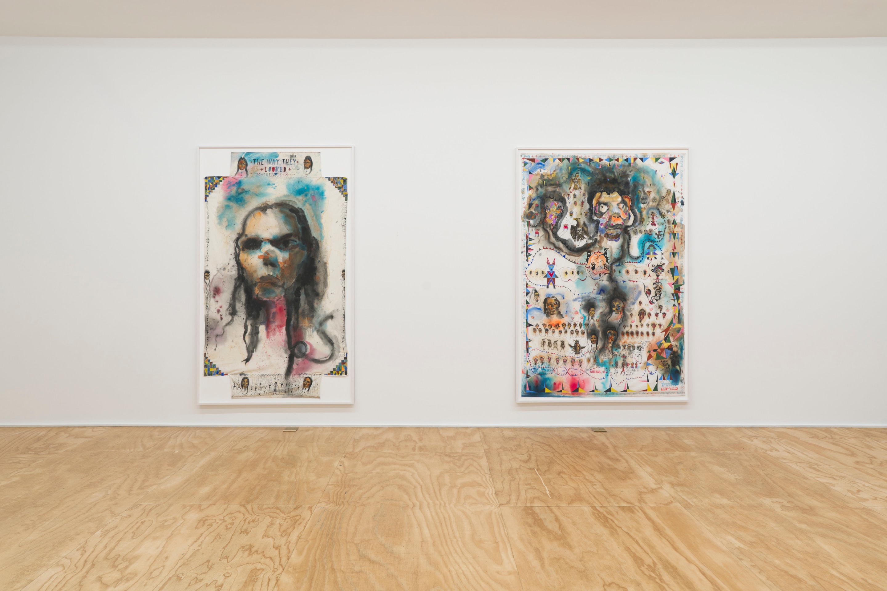 Installation view of Brad Kahlhamer&rsquo;s exhibition &ldquo;Bowery Nation: Birds Are Talking,&rdquo; Venus Over Manhattan, New York, 2025.