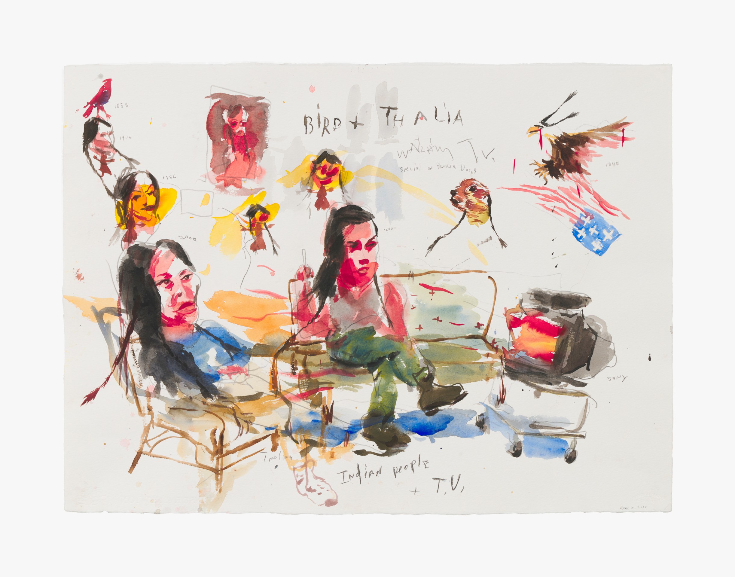 Work on paper by Brad Kahlhamer titled Bird + Thalia from 2000