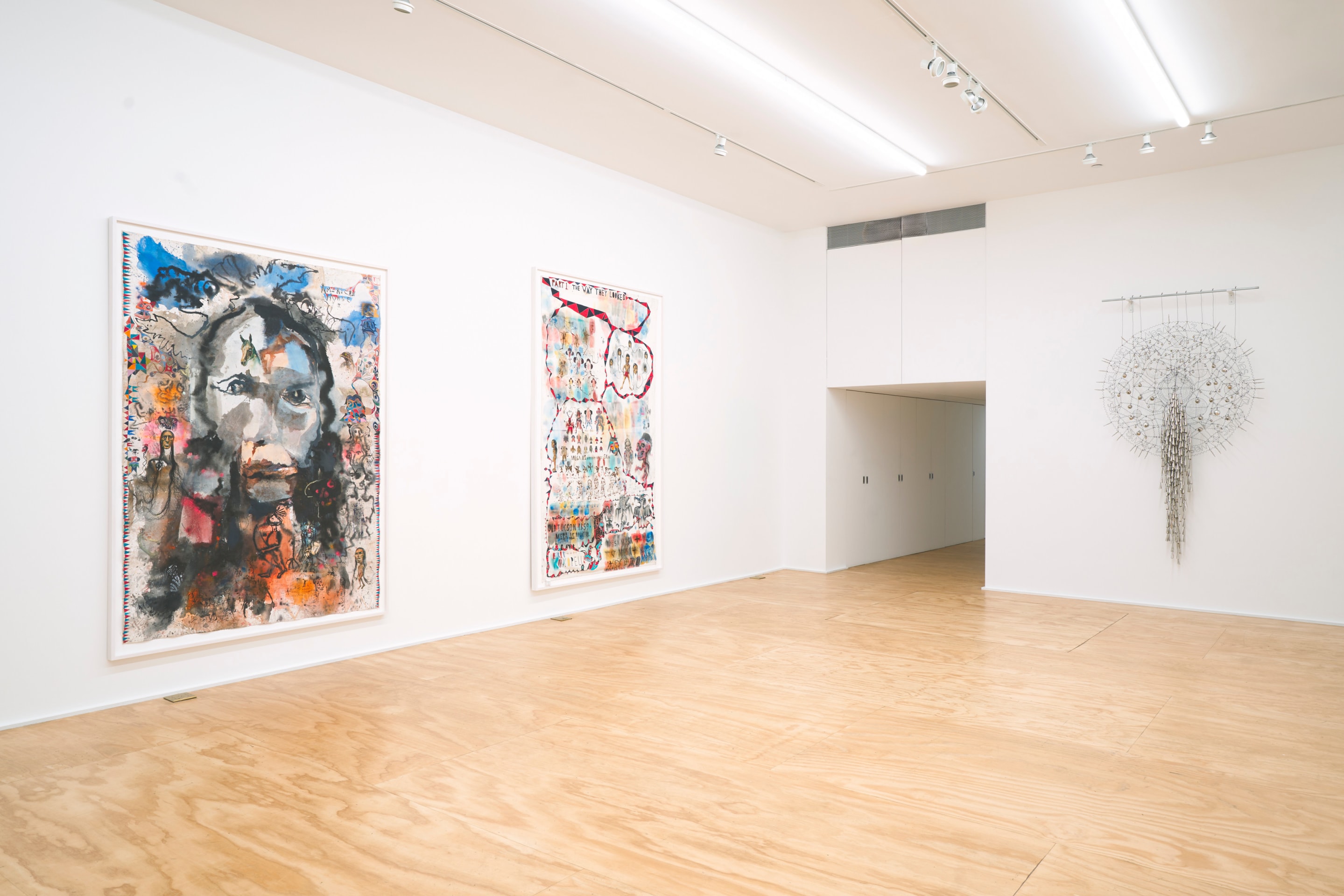 Installation view of Brad Kahlhamer&rsquo;s exhibition &ldquo;Bowery Nation: Birds Are Talking,&rdquo; Venus Over Manhattan, New York, 2025.