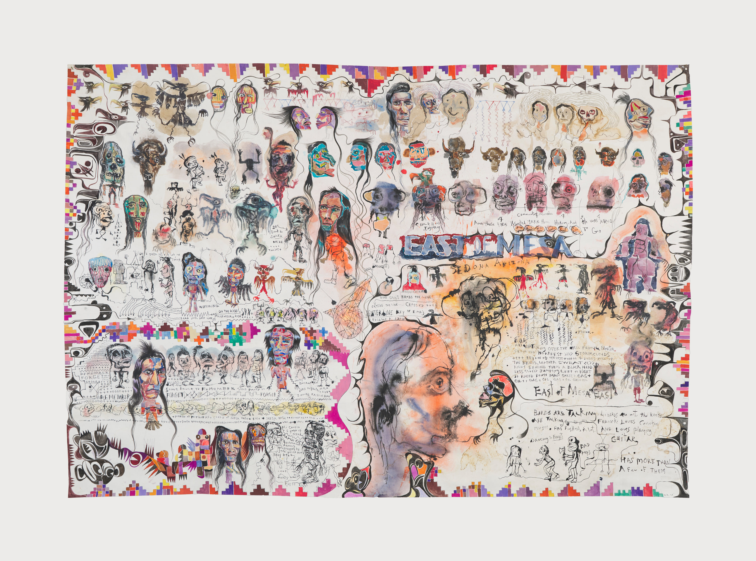 Brad Kahlhamer, &ldquo;Birds Are Talking,&rdquo; 2025. Watercolor, acrylic, pencil, and ink on paper; Work: 41 &frac34; x 60 in (106 x 152.4 cm) Framed: 44 &frac34; x 63 in (113.7 x 160 cm).