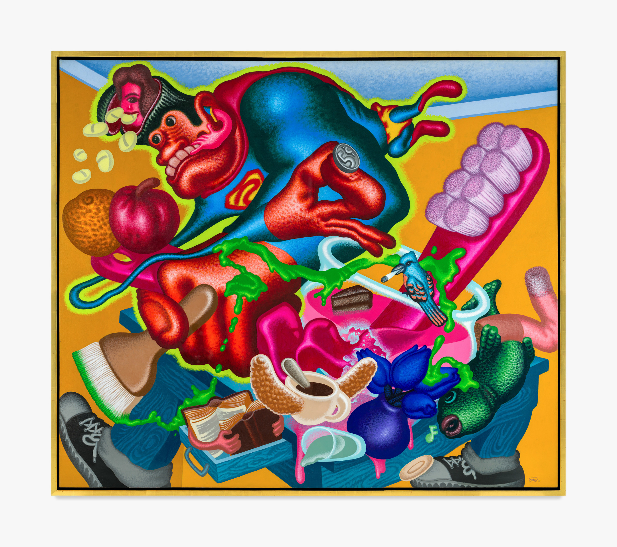 Peter Saul,&nbsp;Bizarro Paints a Still Life&nbsp;(1998). Acrylic, oil on canvas. 182.9 x 213.4 cm. Framed: 189.9 x 220.3 cm. Courtesy the artist and Venus Over Manhattan, New York.