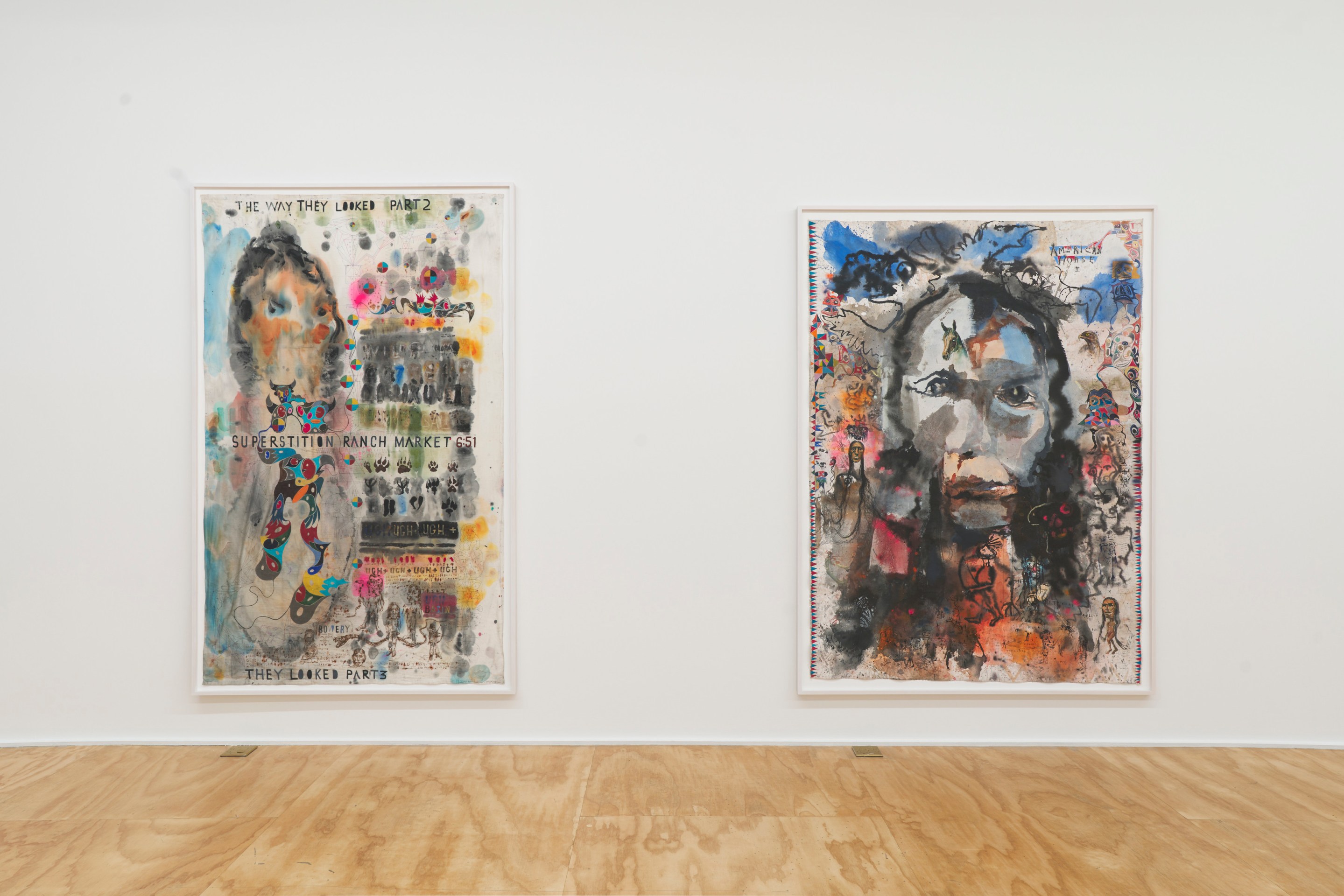 Installation view of Brad Kahlhamer&rsquo;s exhibition &ldquo;Bowery Nation: Birds Are Talking,&rdquo; Venus Over Manhattan, New York, 2025.