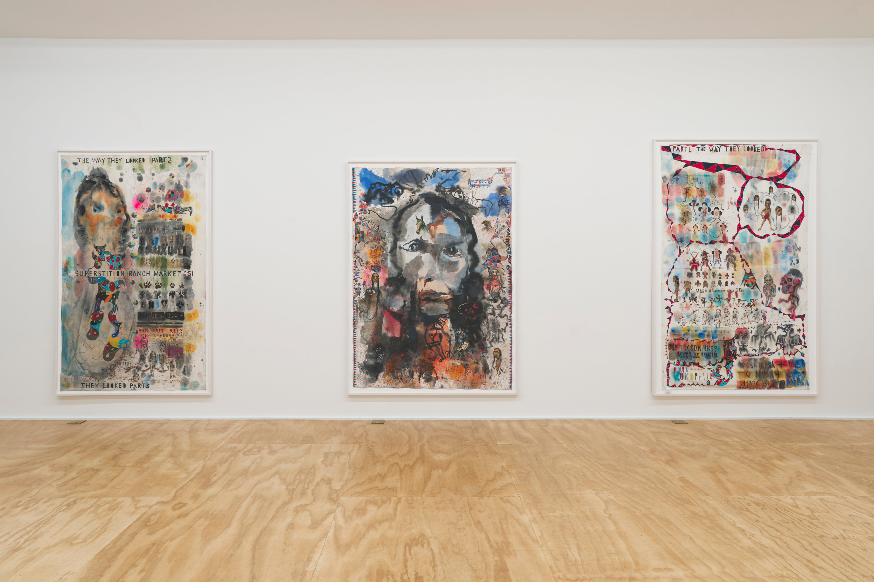 Installation view of Brad Kahlhamer&rsquo;s exhibition &ldquo;Bowery Nation: Birds Are Talking,&rdquo; Venus Over Manhattan, New York, 2025.