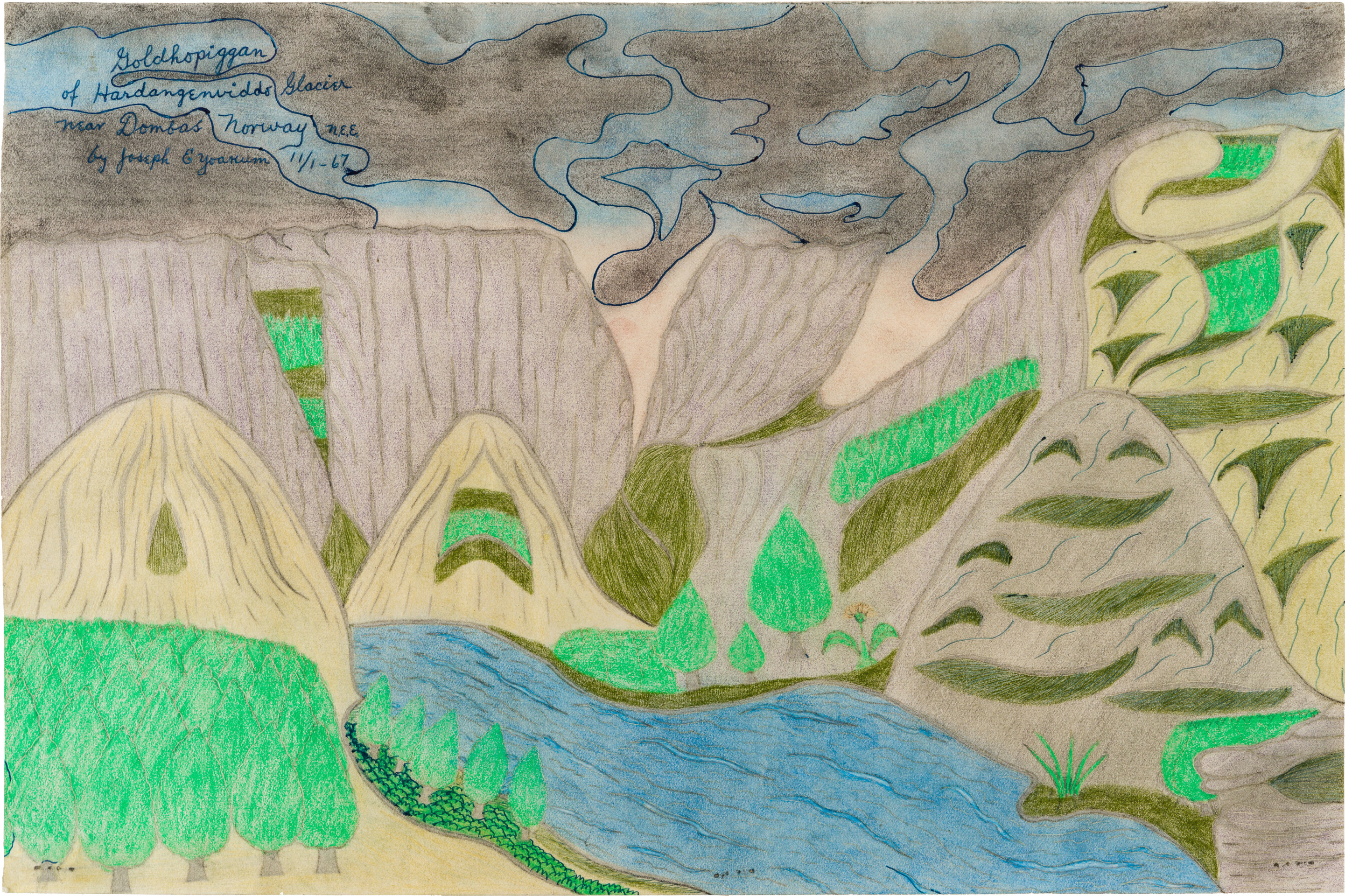 Drawing by Joseph Elmer Yoakum titled Goldhopiggan of Hardangenviddo Glacier near Dombas Norway N.E.E. from 1963