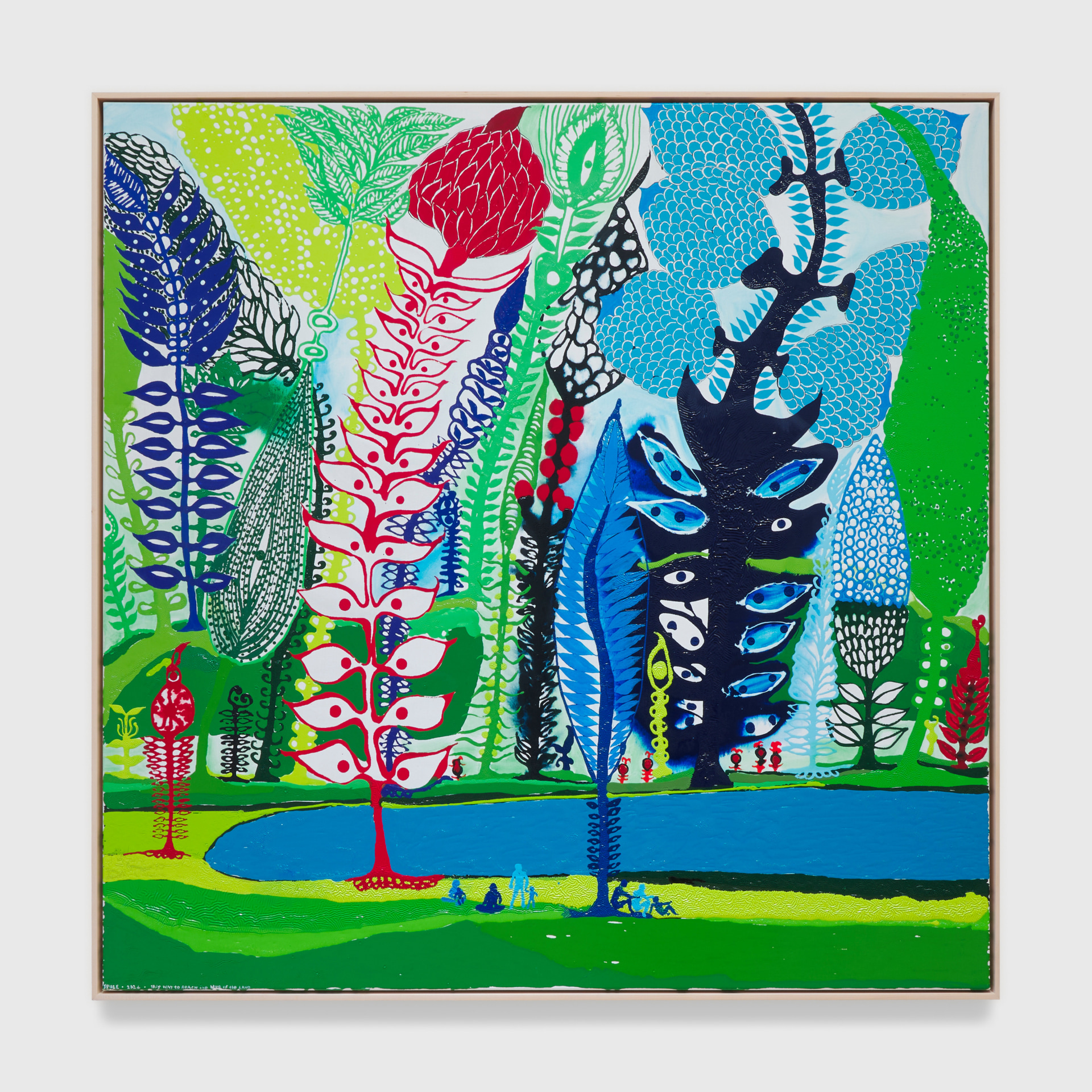 Painting by John Pule titled This way to reach the blue of the land form 2024