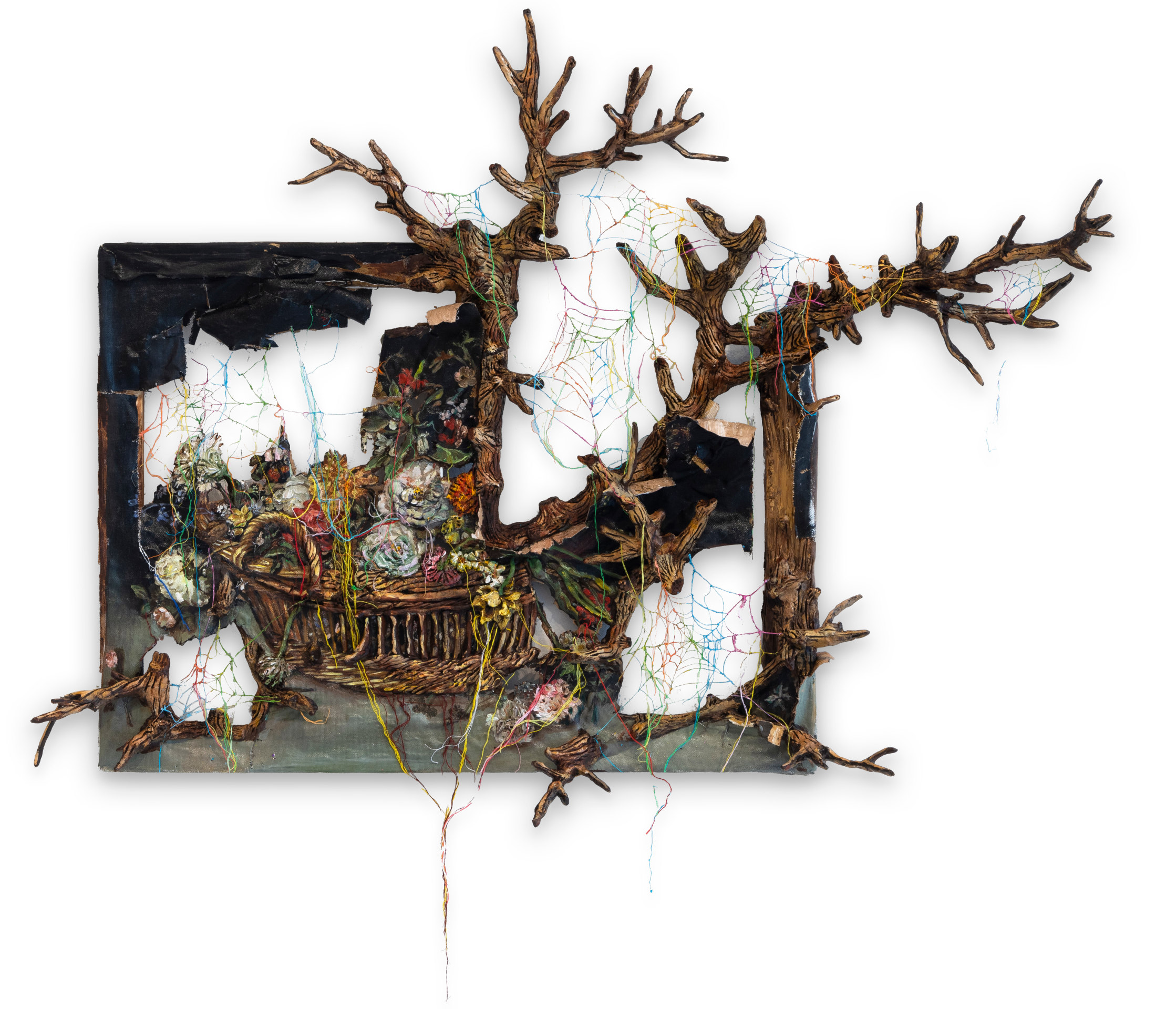 Valerie Hegarty, Basket of flowers with branches and spiderwebs (Unravel), 2024