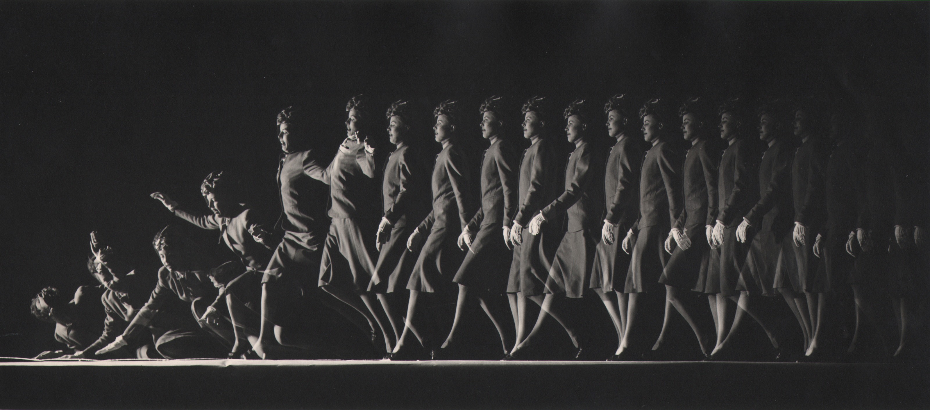 Ralph Bartholomew, Woman Falling, ​c. 1940. Multiple exposures of show a woman advancing across the frame from right to left, walking and then falling to the floor.
