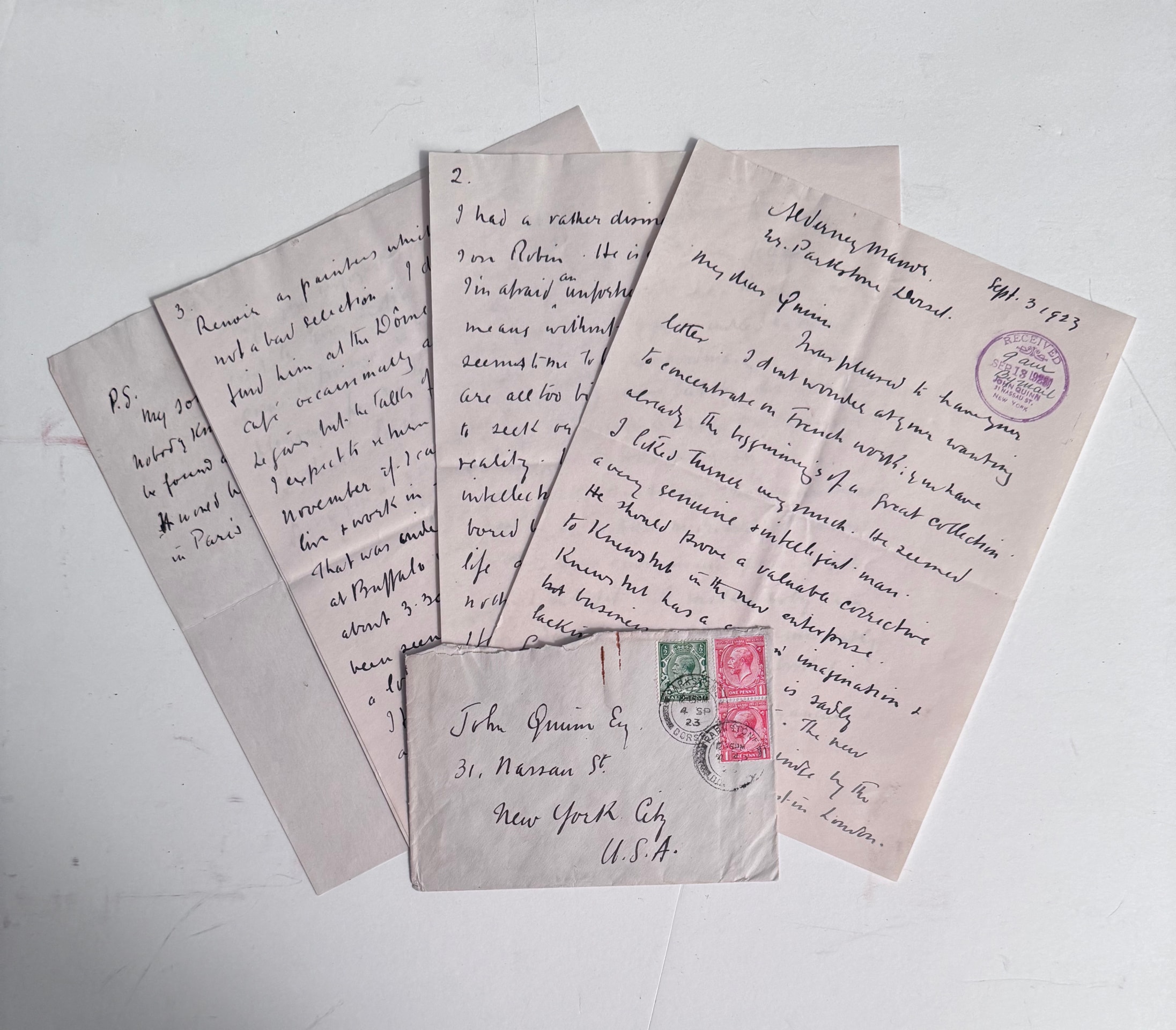 IMPORTANT AUGUSTUS JOHN CORRESPONDENCE TO ART WORLD IMPRESARIO JOHN QUINN ALONG WITH OTHER RELATED JOHN EPHEMERA