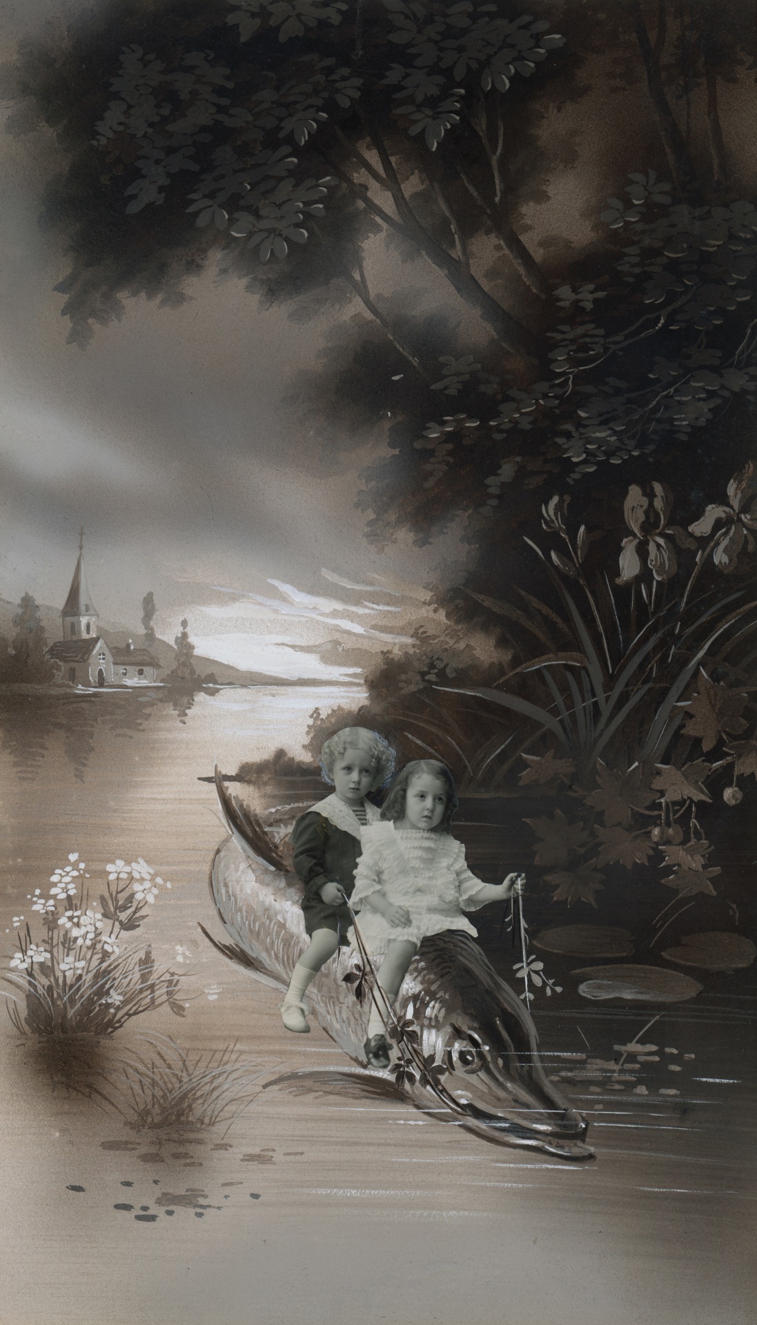 ORIGINAL POSTCARD ART PHOTOMONTAGE GOUACHE FRENCH C. 1900