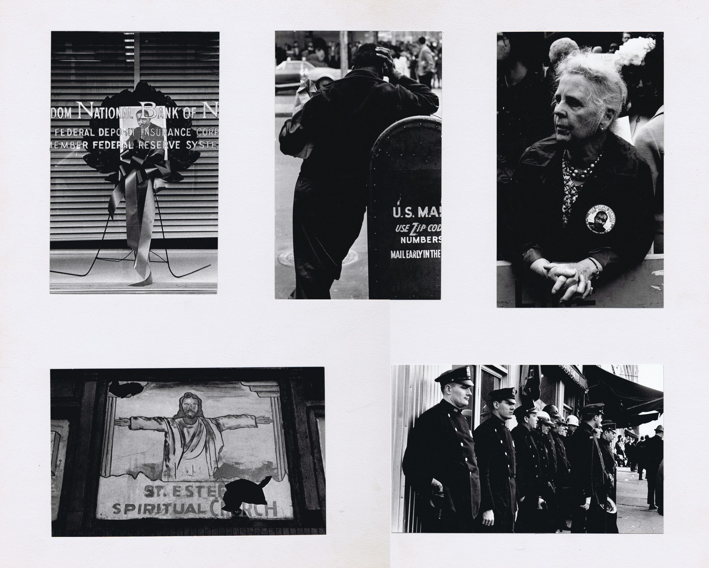 32. Beuford Smith, I Have a Dream: The Assassination of Martin Luther King, Jr., April 5, 1968. Five photographs mounted on white board. Features a church, a man leaning against a mailbox, a line of police officers, a wreath with MLK's portrait in the center, and a woman wearing a pin with &quot;Poor Peoples Campaign&quot; and MLK's portrait on it.
