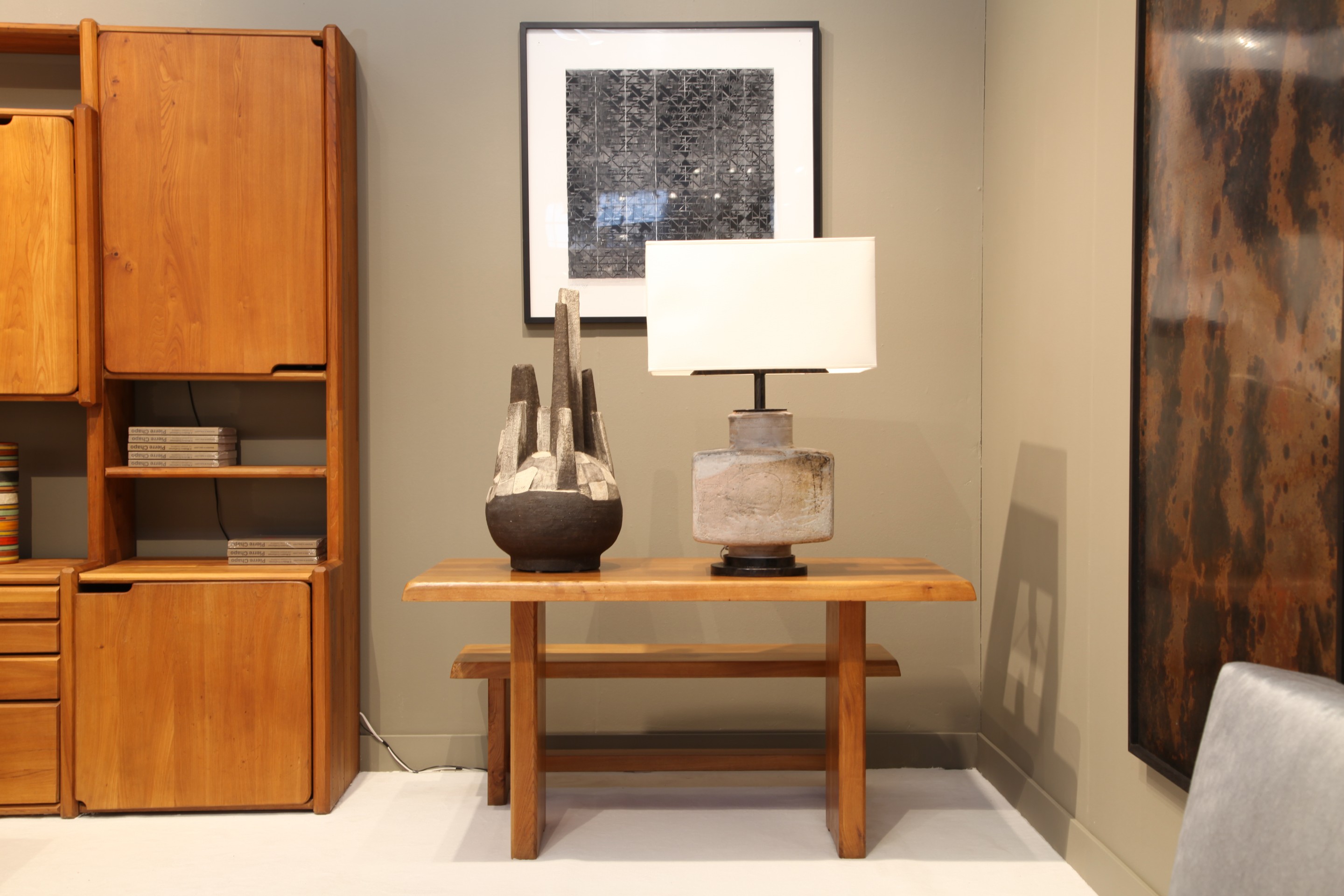 Unknown Artist Ceramic sculpture, Uwe Krause's ceramic table lamp, Pierre Chapo's &quot;T14A&quot; dining table, Ludiwg Wilding's Kinetic wall sculpture