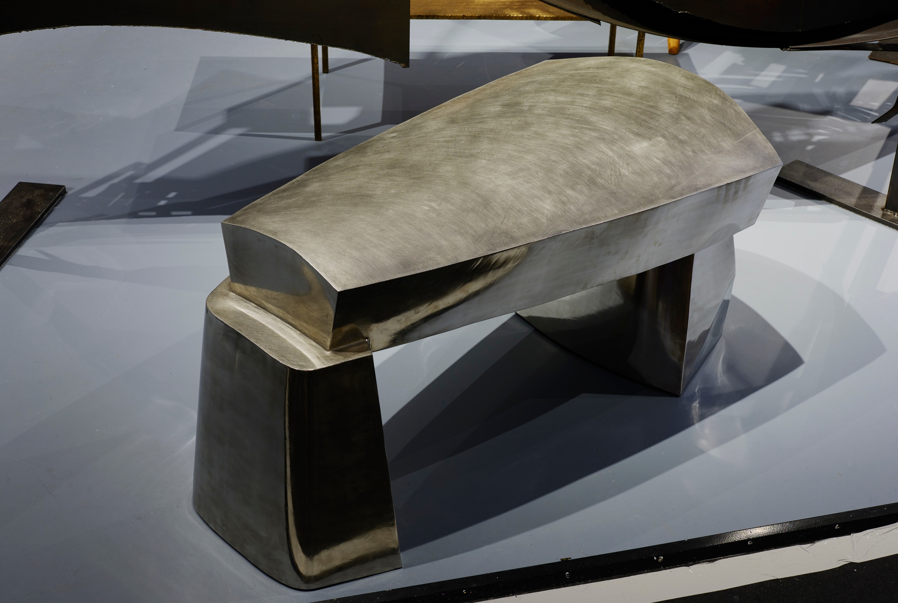 Magen H Gallery's booth at Design Miami, install of Jim Cole's aluminum bench