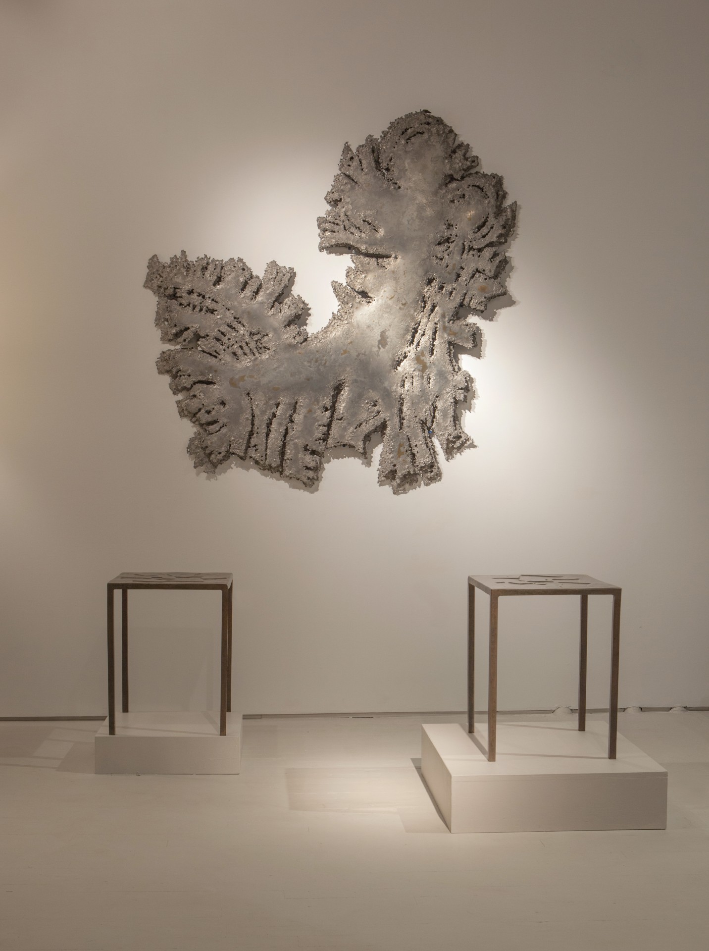 Pierre Sabatier exhibition installation view: displaying pair of &quot;Rector/Verso&quot; side tables and Sabatier's &quot;Salamander&quot; wall sculpture