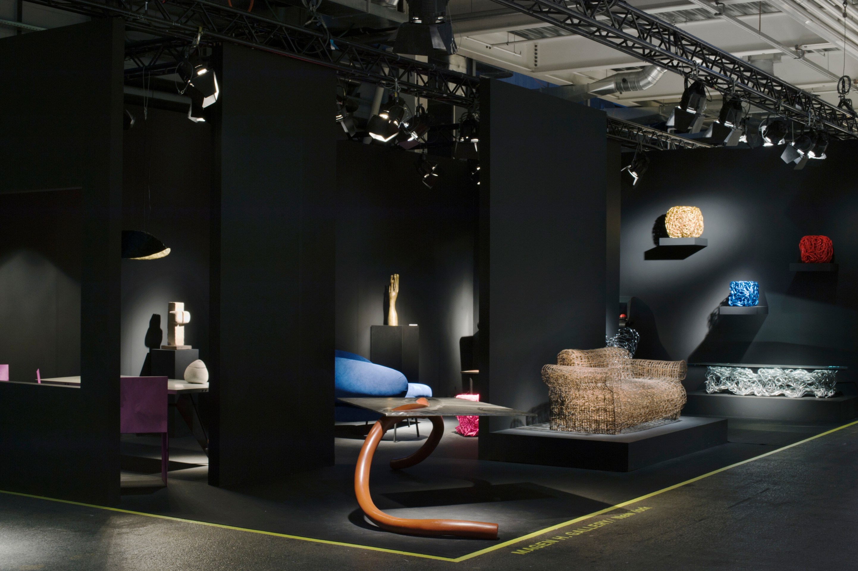 Magen H Gallery's booth at Design Miami/ Basel, installation view of entire booth, showing Forrest Myers' Atoll, &quot;Untitled&quot; wire couch, &quot;Sea Change&quot; coffee table, &quot;Gilder&quot; sculpture, and Red Tuffitt