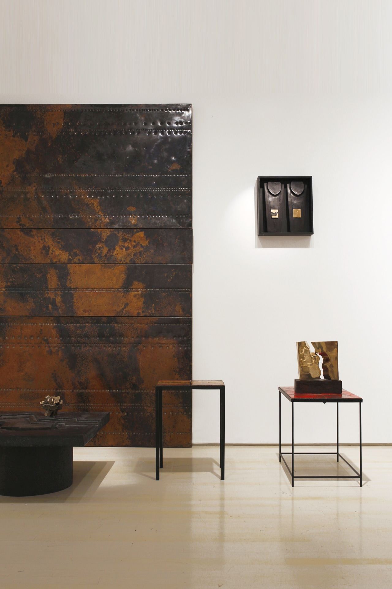 Pierre Sabatier's Cosmos 69-06 panel, &quot;Volvic Flamme&quot; side table, &quot;Volvic Sang&quot; table, &quot;Lux&quot; sculpture and 2 bronze pendants
