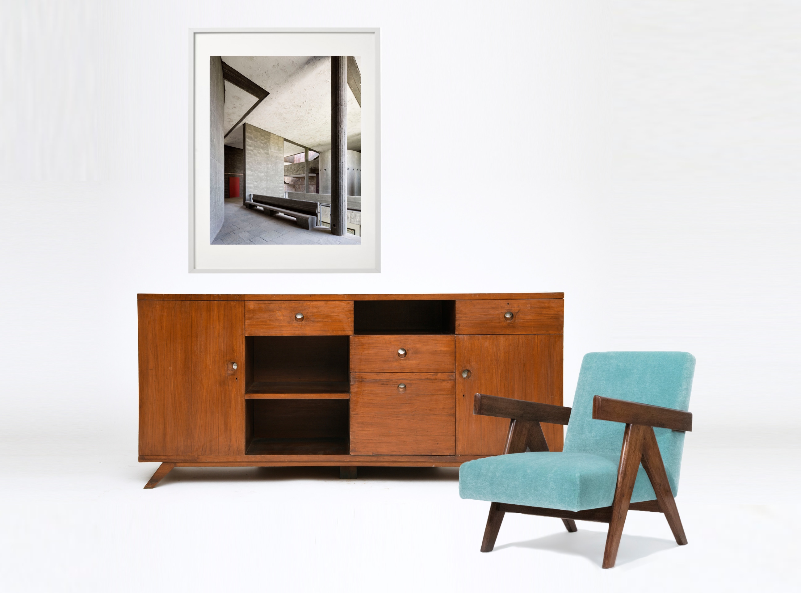 Image of Jeanneret armchair and sideboard with photograph by Manuel Bougot