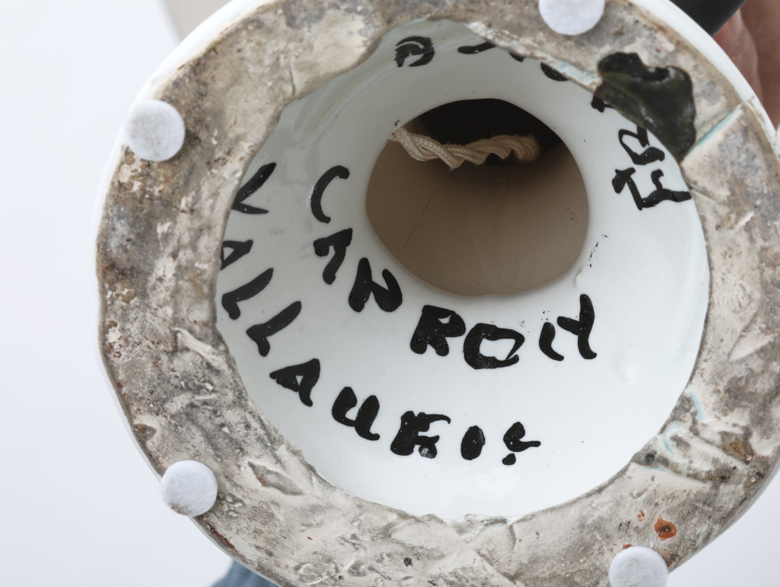 Roger Capron's &quot;Coq&quot; table lamp view of signature on bottom