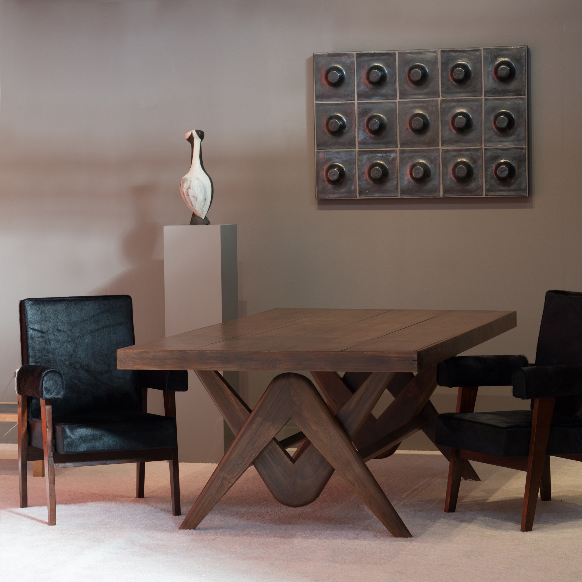 Les Archanges vase, Pierre Jeanneret &quot;Advocate and Press&quot; armchairs, and &quot;Committee&quot; table, Georges Jouve Ceramic wall sculpture