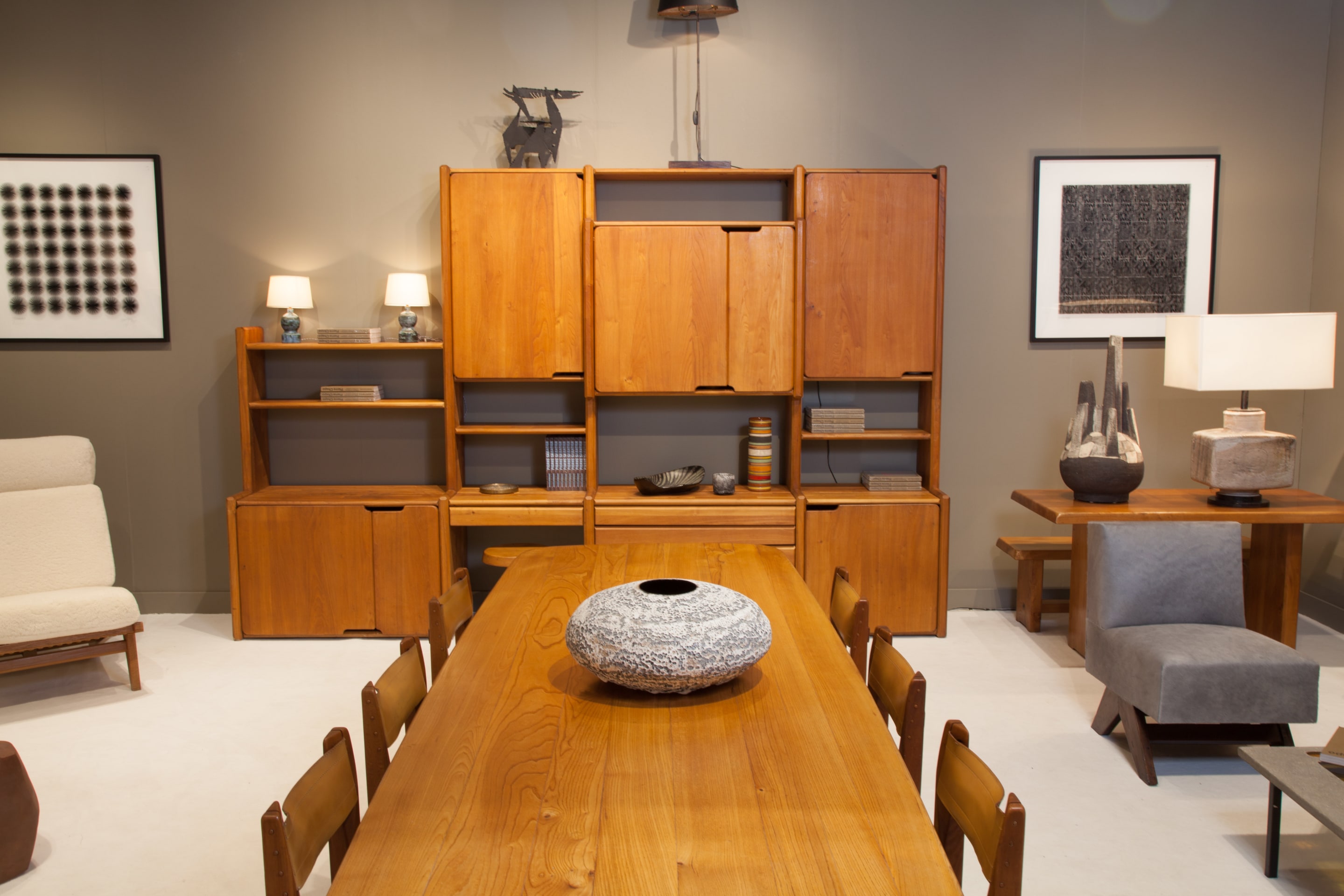 Pierre Chapo's &quot;GO&quot; modular bookcase, &quot;T20B&quot; dining table, Set of six &quot;S11B&quot; chairs