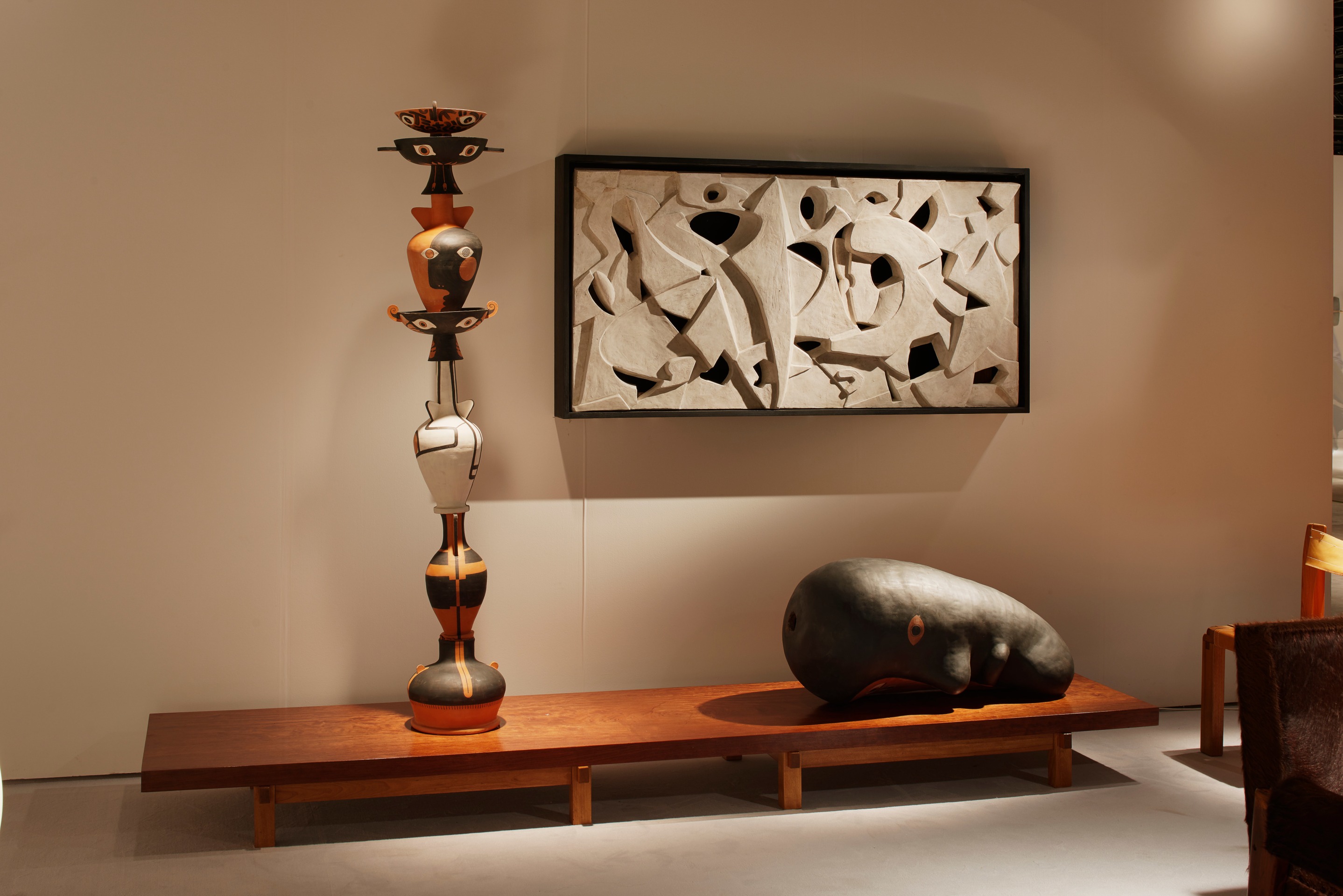 Day Schnabel wall sculpture, Japanese 1960 large coffee table, Cammie Staros' &quot;The double beast coupled&quot; sculpture and &quot;How neat is the fold of time&quot; sculpture