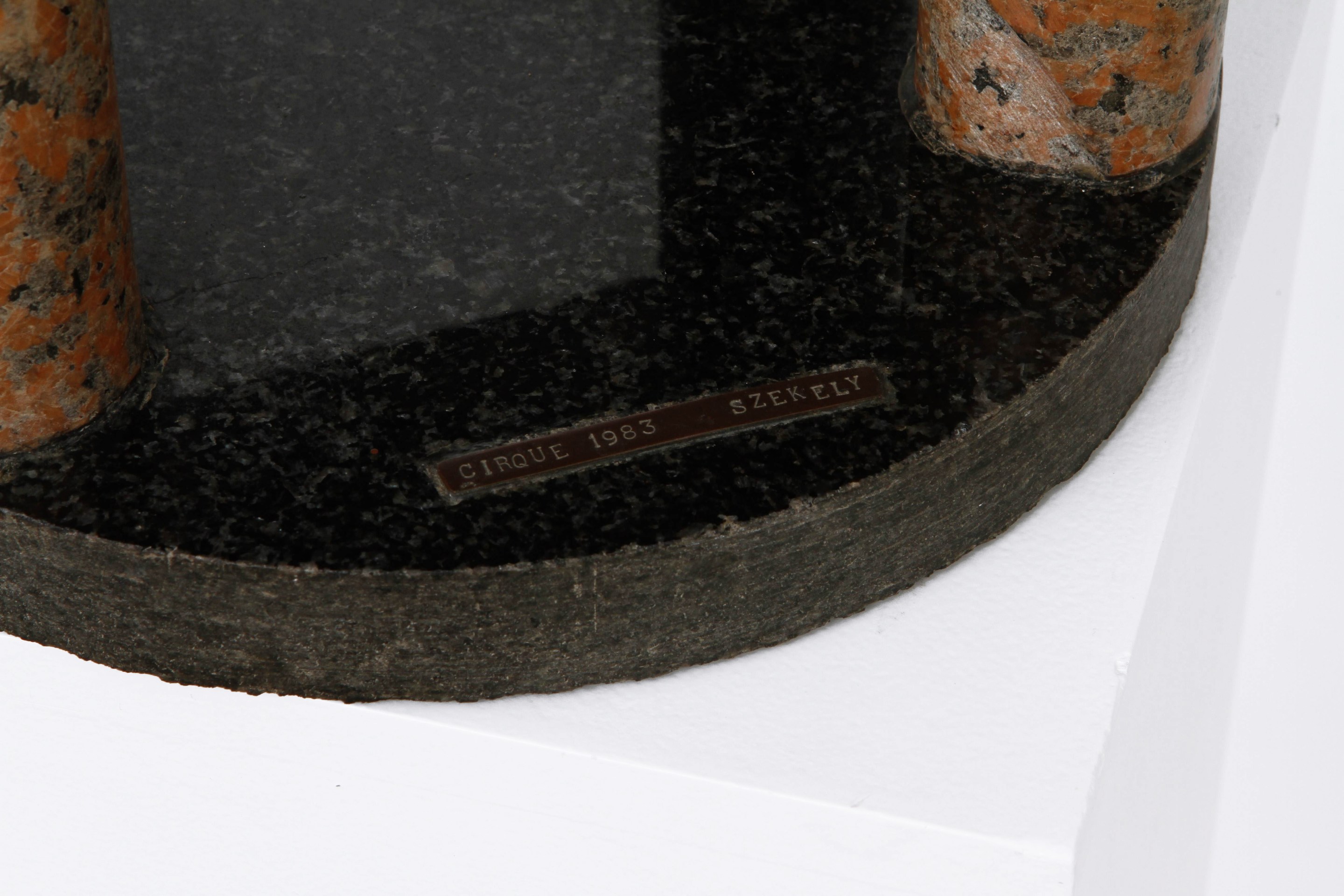 Péter Pierre Székely's &quot;Cirque&quot; sculpture, detailed view of title, date and signature on base