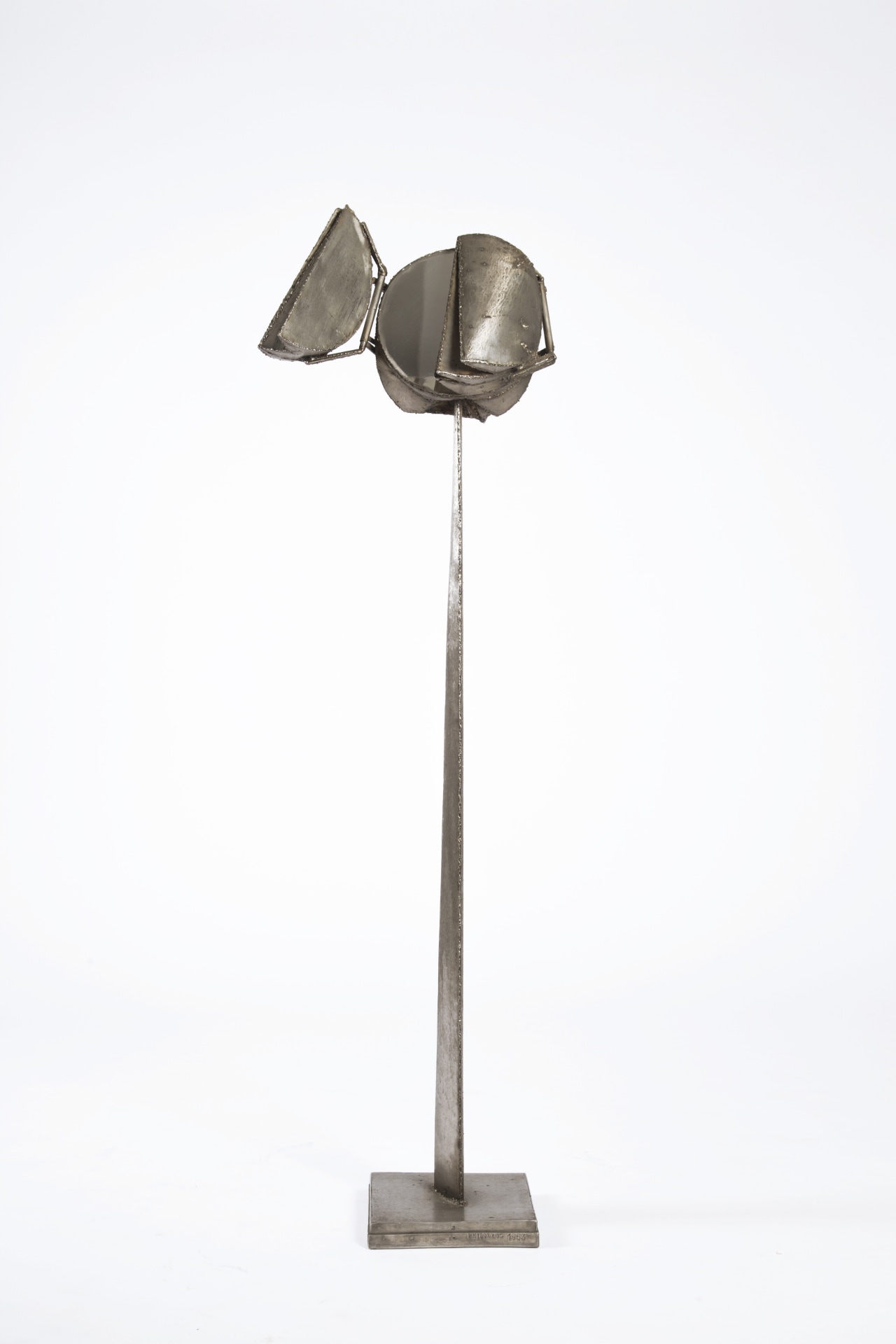 Philolaos Tloupas' sculpture psyché, front view with the one of the movable elements open showing half the mirror