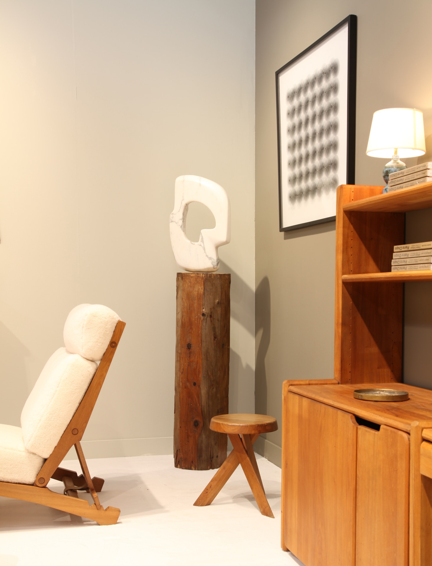 Francois Kovacs' sculpture, Pierre Chapo's &quot;S31A&quot; stool, Ludiwg Wilding's Kinetic wall sculpture