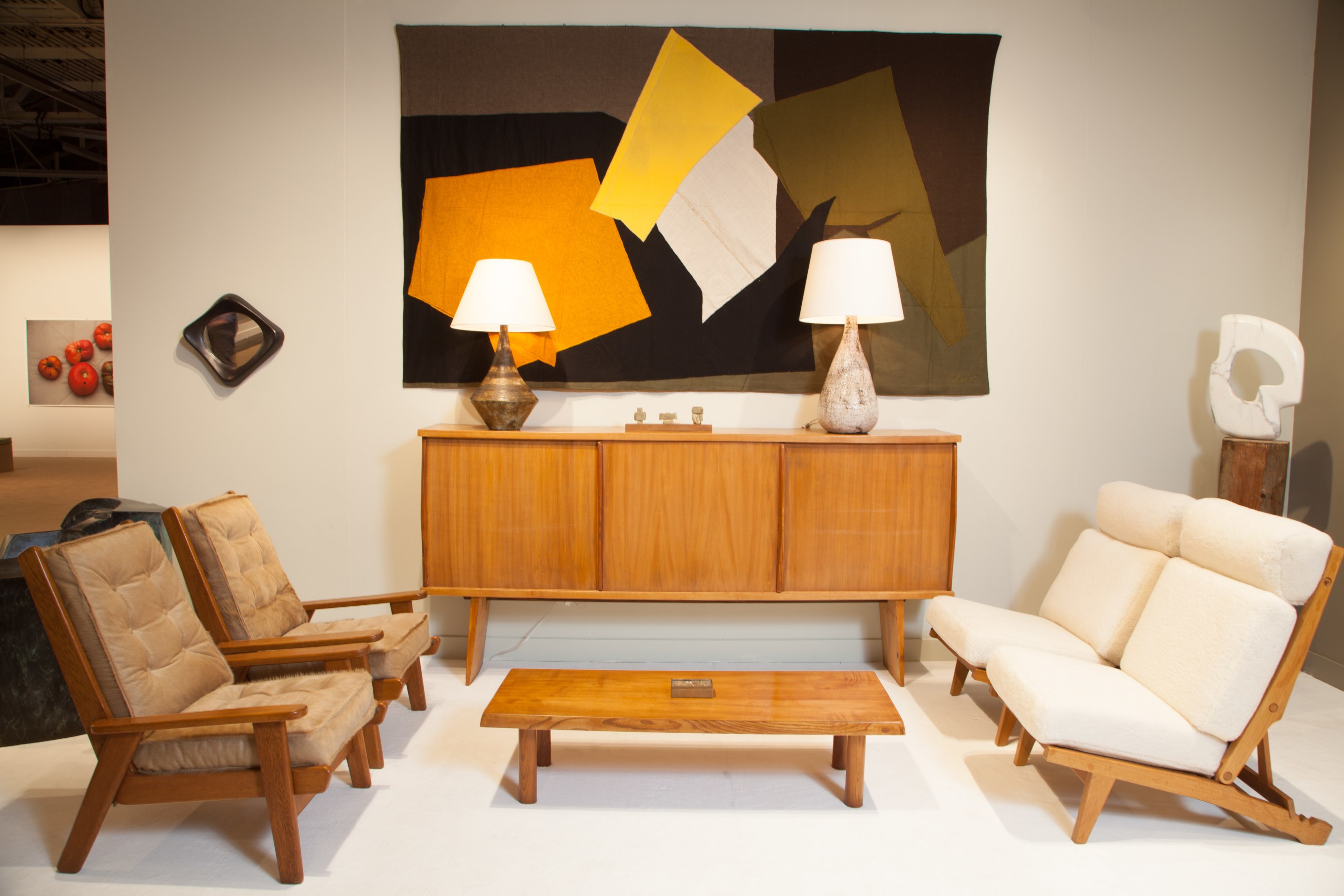 Claude Stahly's tapestry, Charlotte Perriand &amp; Pierre Jeanneret's Sideboard, Pierre Guariche's set of armchairs, Hans Wegner's set of armchairs, Pierre Chapo's coffee table