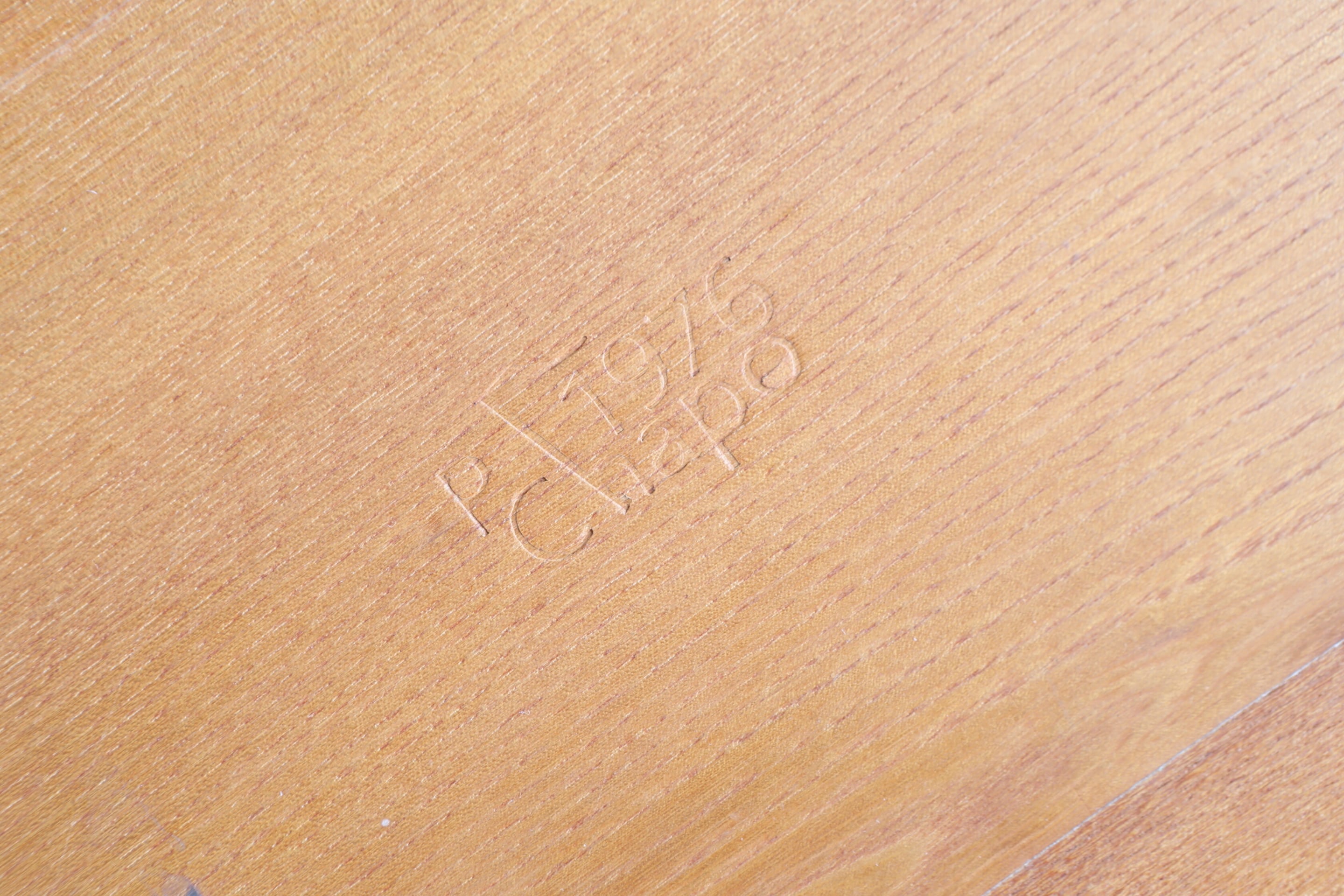 Pierre Chapo's &quot;T02P&quot; coffee table detail of stamp on wood