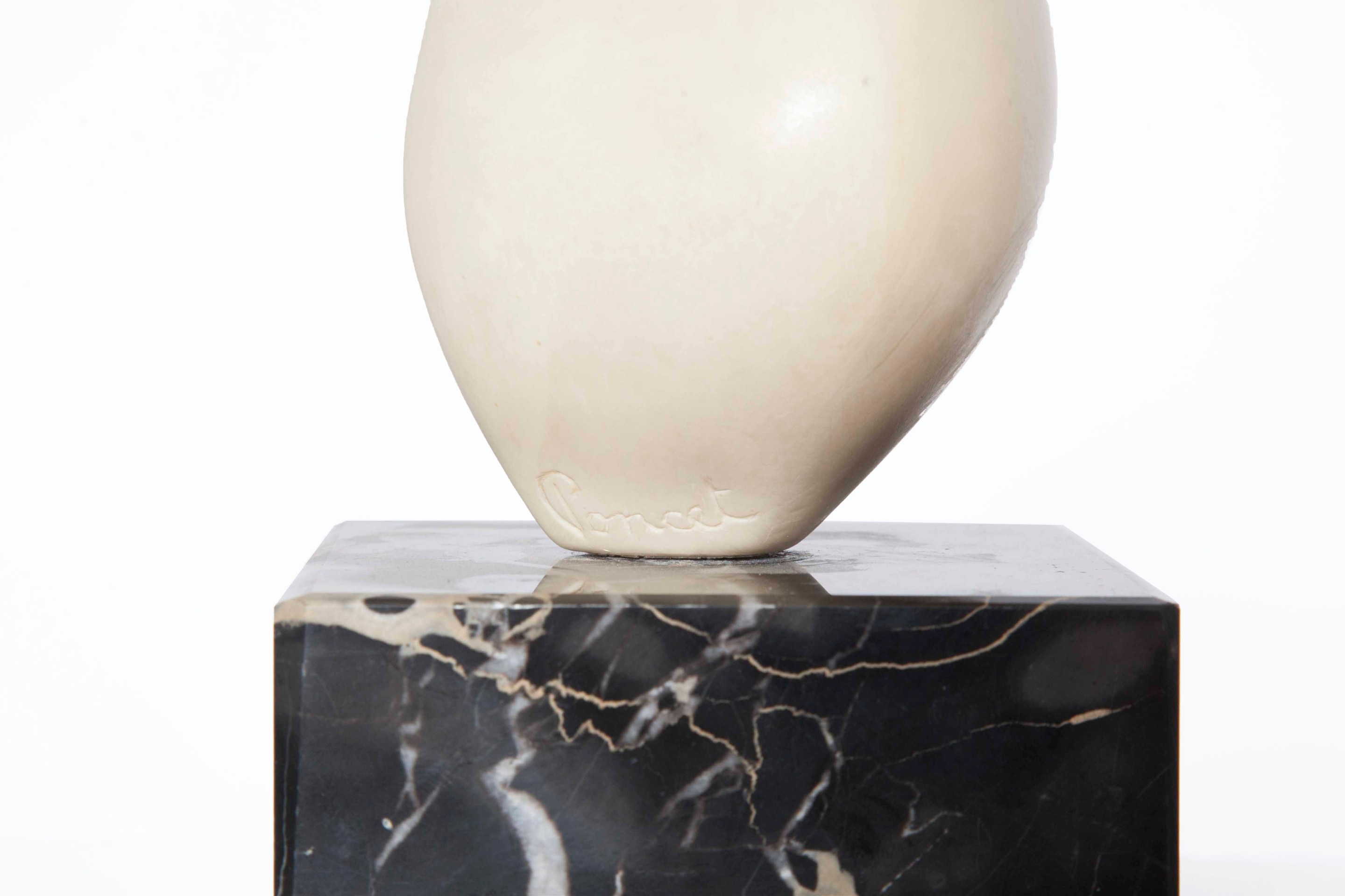 Antoine Poncet's marble and plaster sculpture, detailed view of marble base with an engraved &quot;Poncet&quot;