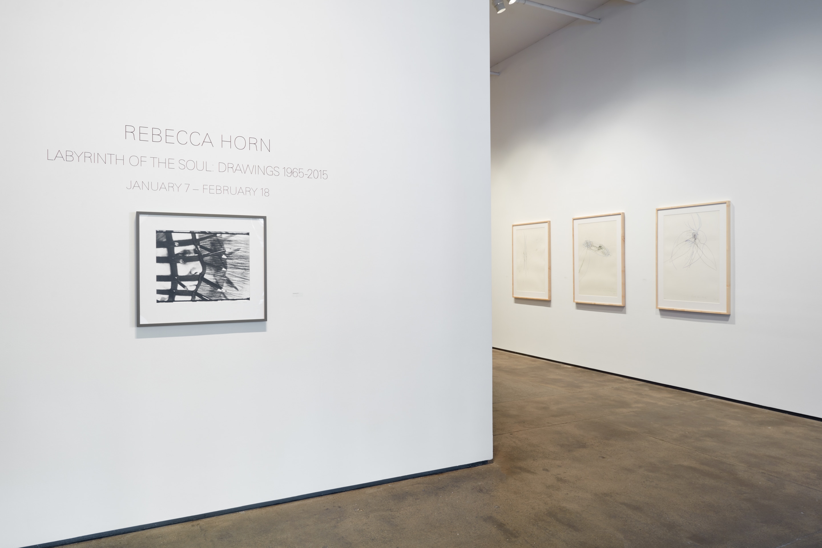 Installation view of Rebecca Horn: Labyrinth of the Soul: Drawings 1965-2015 at Sean Kelly, New York, January 7 - February 18, 2023, Photography: Jason Wyche, New York, Courtesy: Sean Kelly