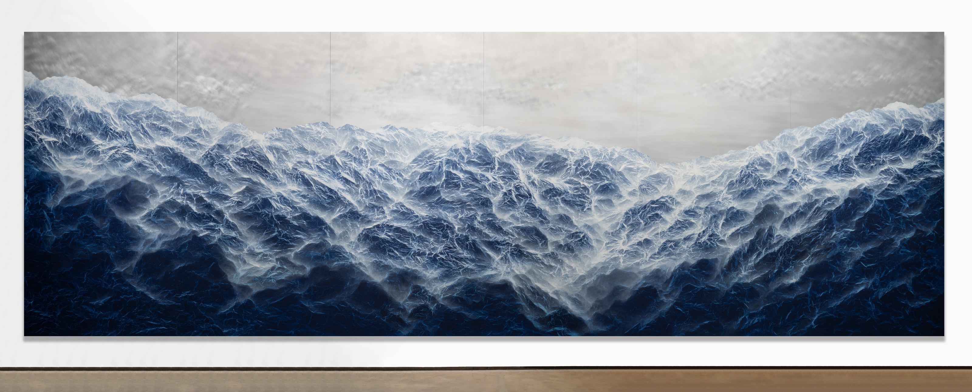 Cyano-Collage 120, 2021, cyanotype photography, Xuan paper, acrylic gel, acrylic, mounted on aluminum board in six parts