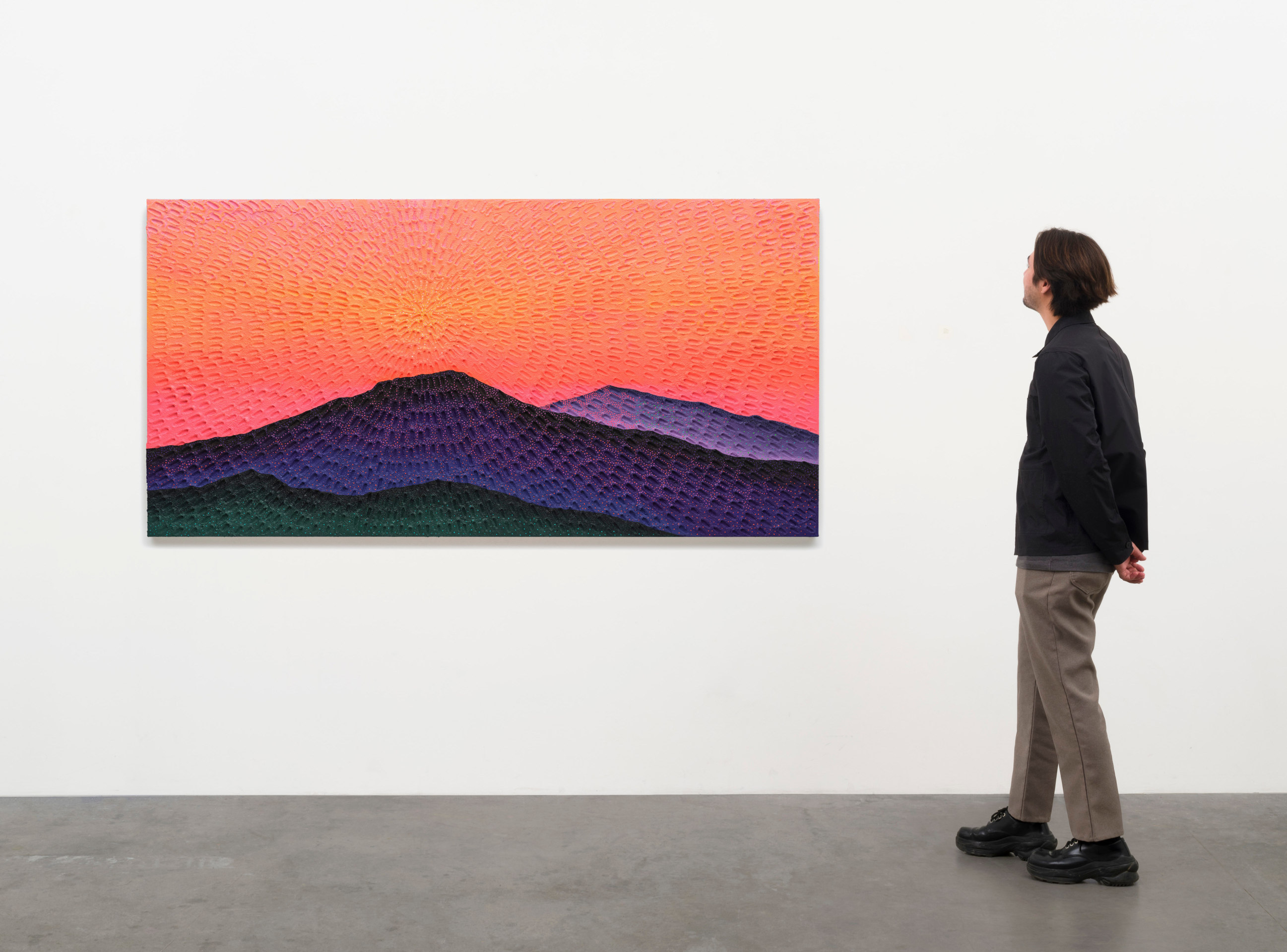 Jennifer Guidi, The Valley Between (Painted White Sand, Orange-Peach-Pink Sunset Gradient, Green, Black, Blue, Purple and Lavender Mountain, Yellow, White Pink, Green, Turquoise, Purple, Lavender and Orange, Natural Ground), 2022