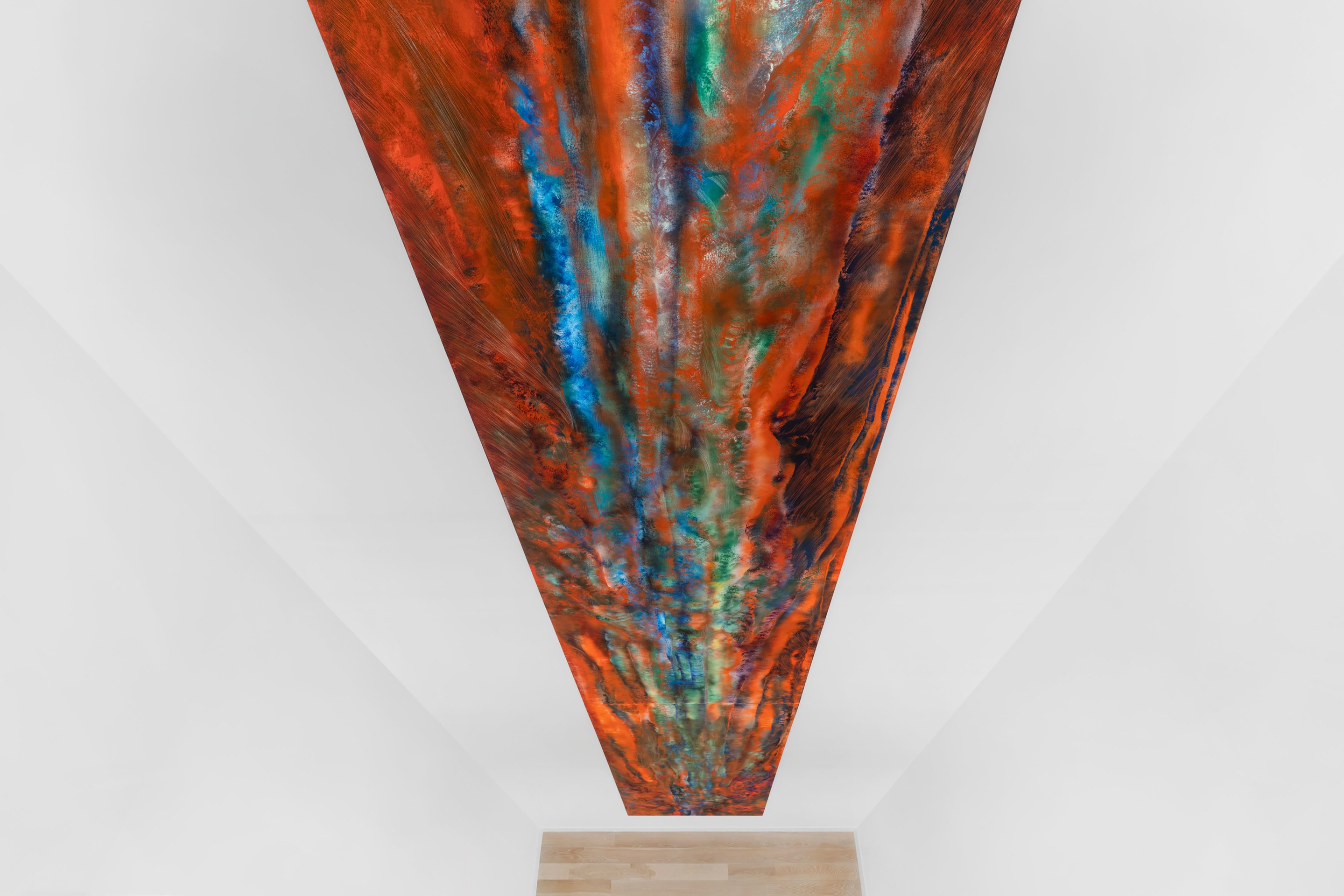 Lucy Bull, 13:13, 2024. Oil on linen. Triptych; overall 468 x 54 x 1 in. The artist and David Kordansky Gallery. Photo by Zachary Balber.