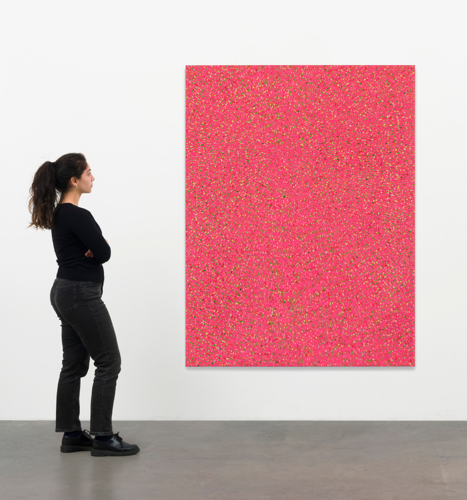 Jennifer Guidi, Thoughts of Love (Painted Universe Mandala, Fluorescent Pink, White Sand, Bright Yellow, Yellow, Dark Orange, Orange, Peach, Green, White, Natural Ground), 2022