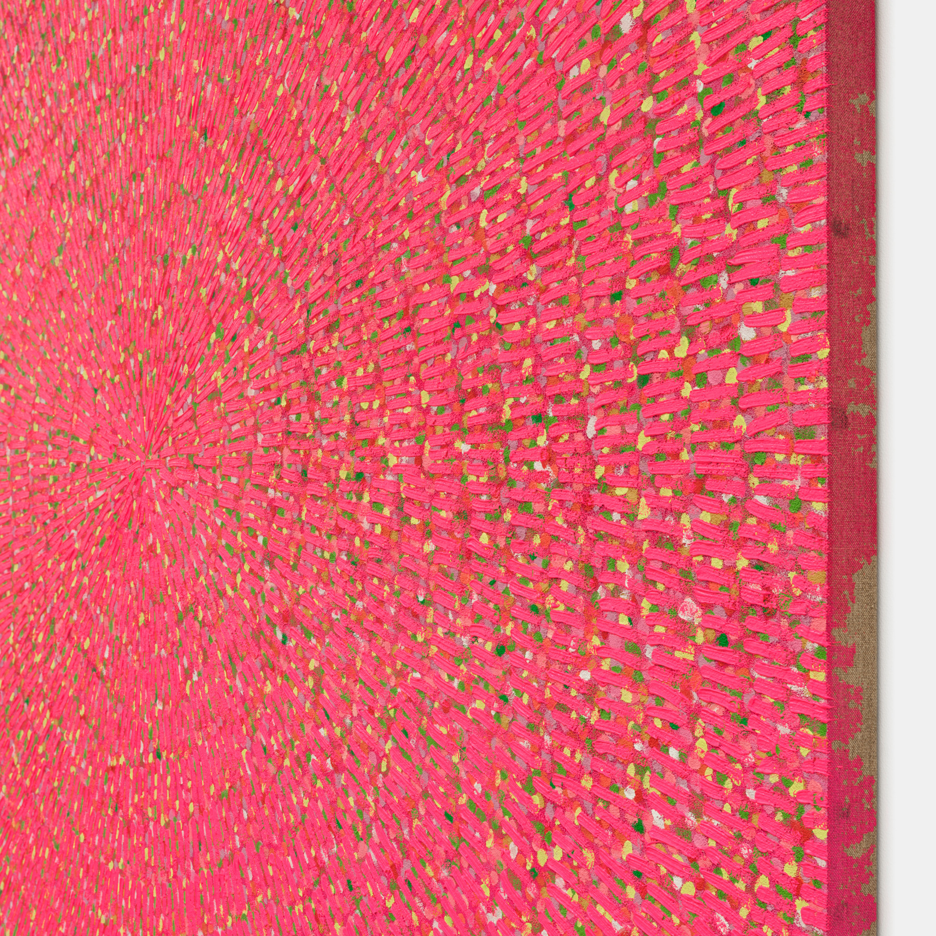 Jennifer Guidi, Thoughts of Love (Painted Universe Mandala, Fluorescent Pink, White Sand, Bright Yellow, Yellow, Dark Orange, Orange, Peach, Green, White, Natural Ground), 2022