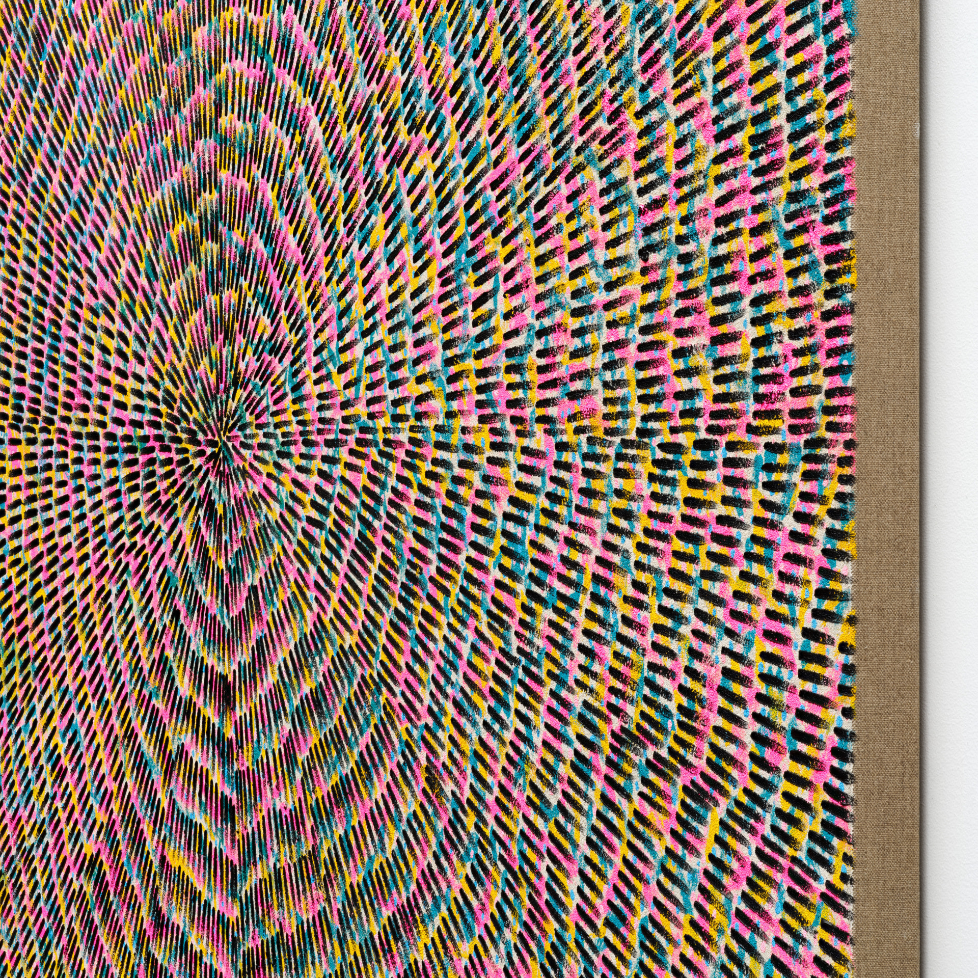 Jennifer Guidi, Waves of Color (Painted Universe Mandala, Black, White Sand, Yellow, Pink, Light Pink and Blue, Natural Ground), 2022