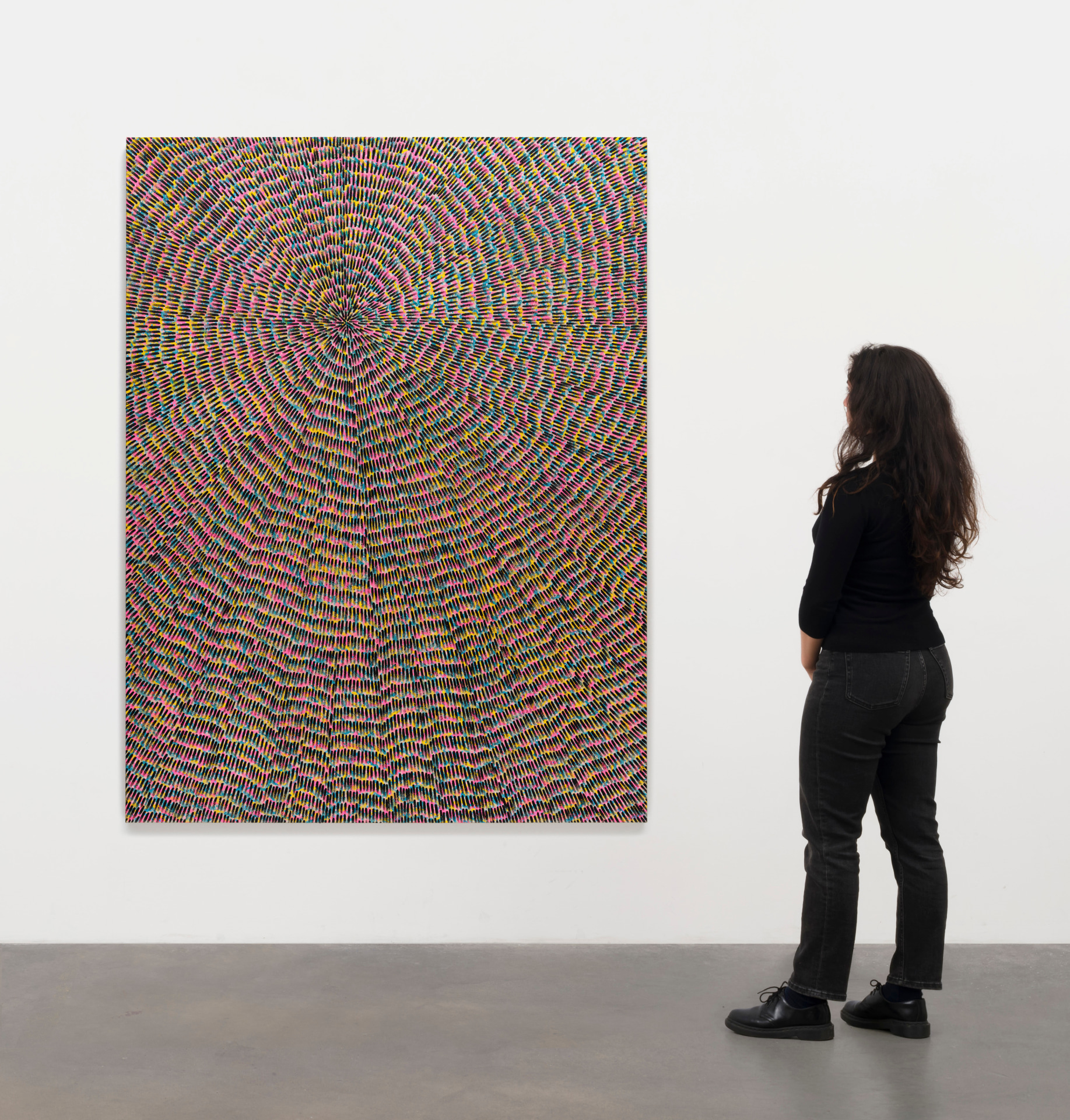 Jennifer Guidi, Waves of Color (Painted Universe Mandala, Black, White Sand, Yellow, Pink, Light Pink and Blue, Natural Ground), 2022