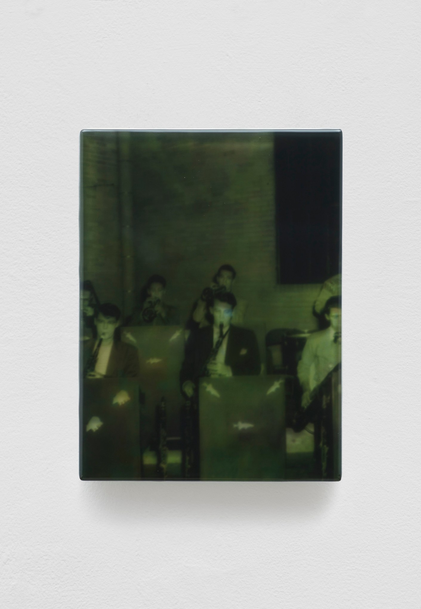 SADIE BENNING,&nbsp;Pain Thing 2,&nbsp;&nbsp;Detail, Sequence 2, Panel 5 (Big Band), 2019, wood, photographic transparencies, aqua resin and resin, 53 panels/16 sequences, each: 9 3&frasl;4 by 7 1&frasl;4 in. 24.8 by 18.4 cm.