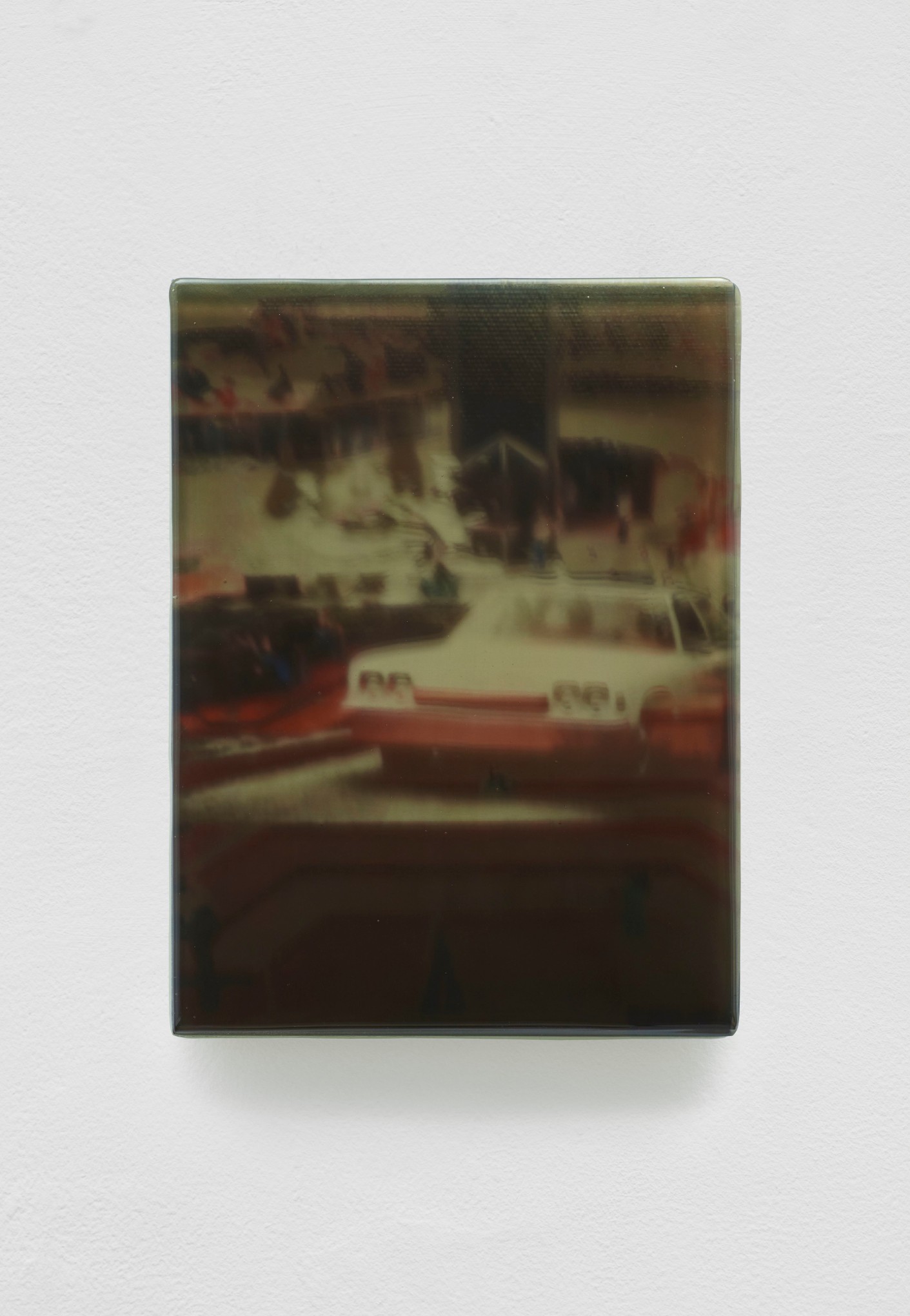 SADIE BENNING,&nbsp;Pain Thing 2,&nbsp;&nbsp;Detail, Sequence 5, Panel 16 (Chainsaw), 2019, wood, photographic transparencies, aqua resin and resin, 53 panels/16 sequences, each: 9 3&frasl;4 by 7 1&frasl;4 in. 24.8 by 18.4 cm.