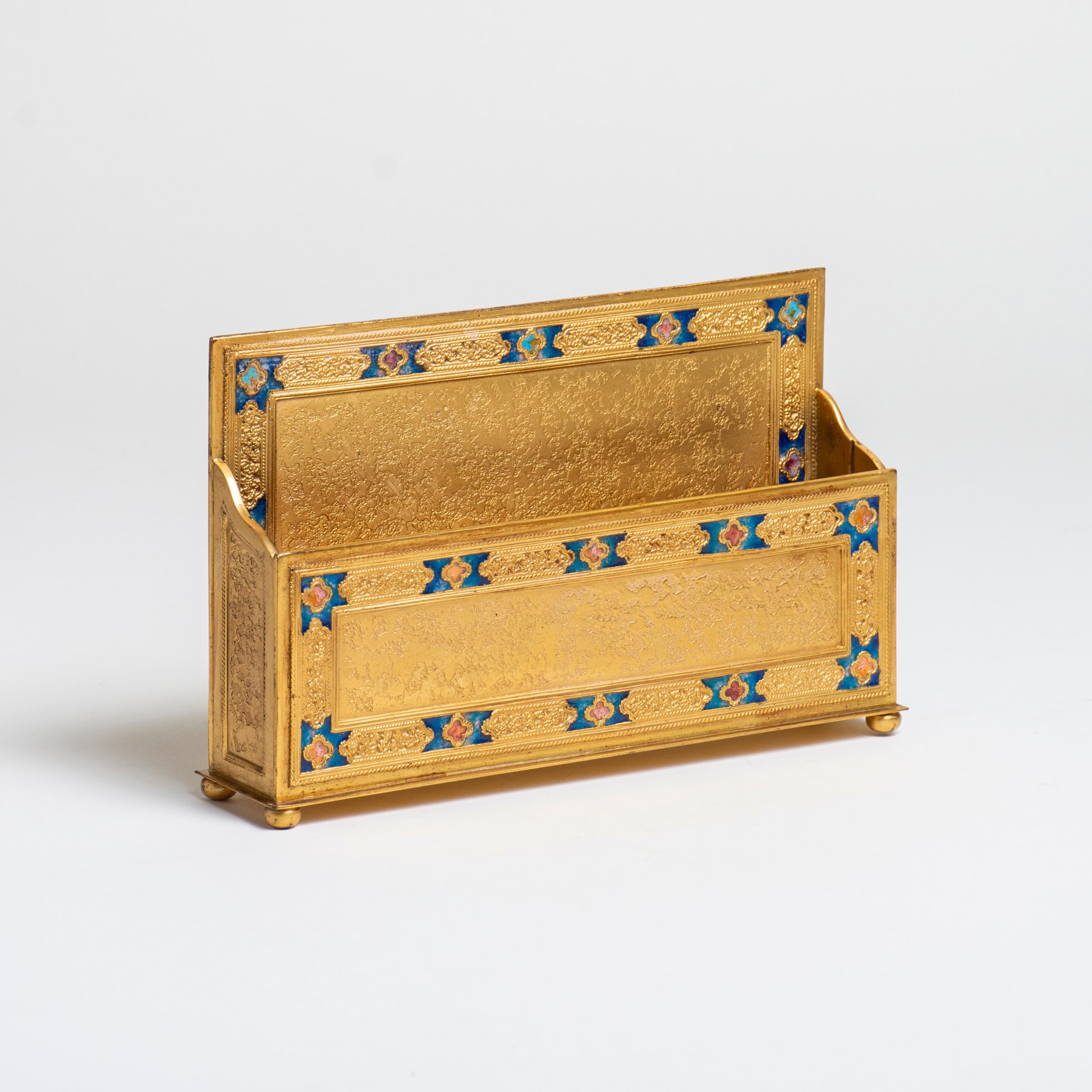 rare letter rack from the 1920s louis c tiffany furnaces ink desk set in gilt bronze with inset blue enamel