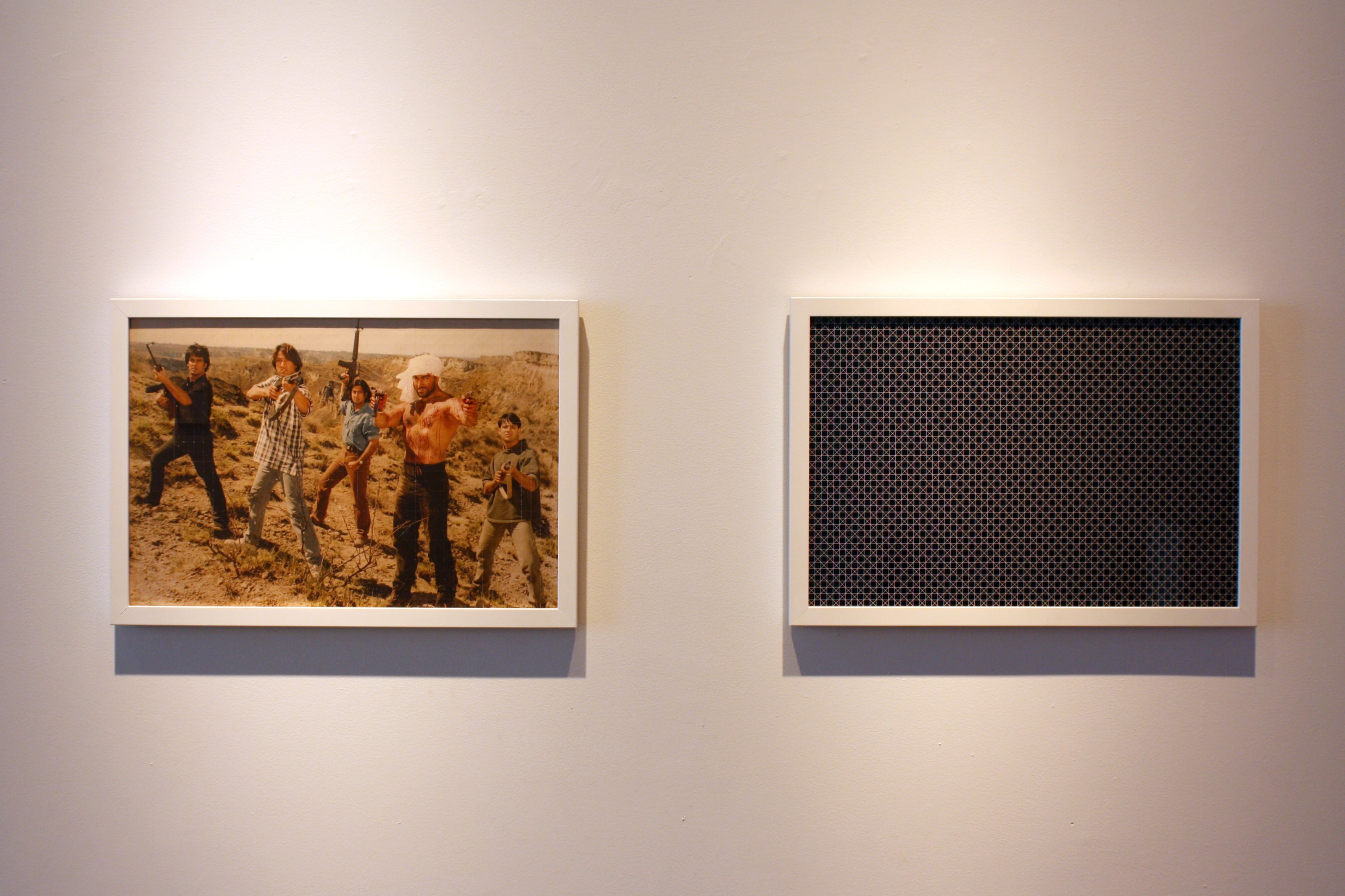 Abdullah M. I. Syed Join Five: The Men of Morpion Solitaire (Diptych) Needle tool on found photographs of Lollywood movie and photographic digital print 12 x 18 in. (each) 2013