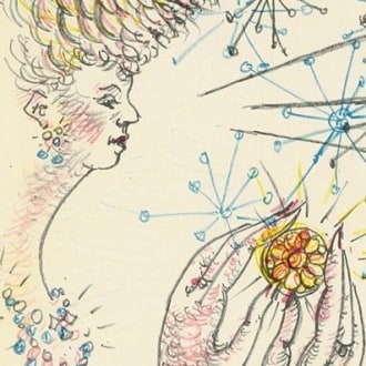 Drawing of woman in profile wearing a glittering necklace and earrings. In her hands she holds a circular object.