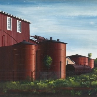 EDMUND D. LEWANDOWSKI (1914–1998), "Farm Buildings," 1940. Watercolor and gouache on board, 18 3/4 x 26 1/4 in. (detail).